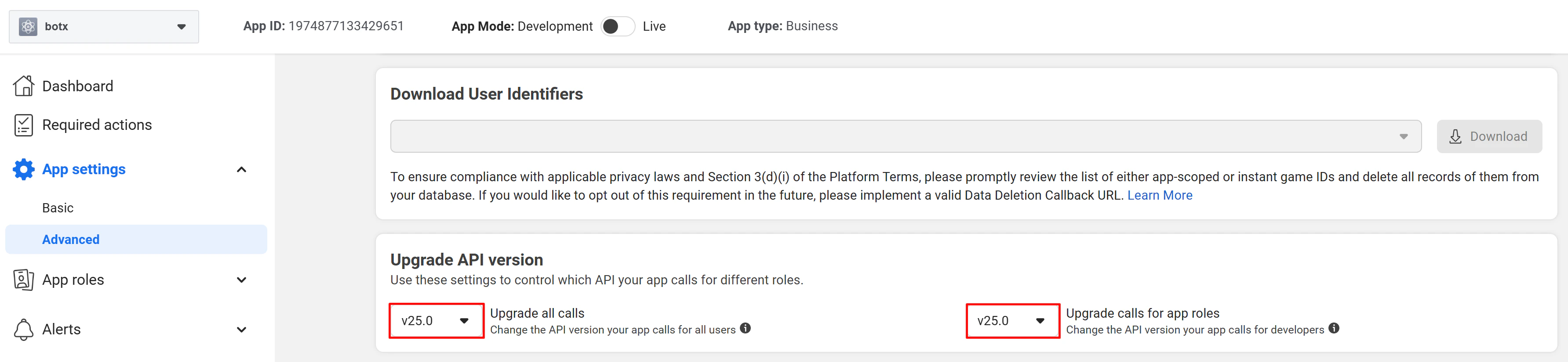 API version setting in Advanced Settings