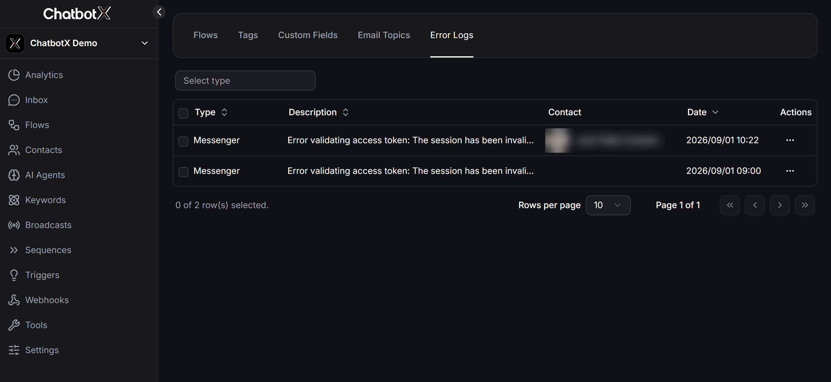 Error Logs Interface Details