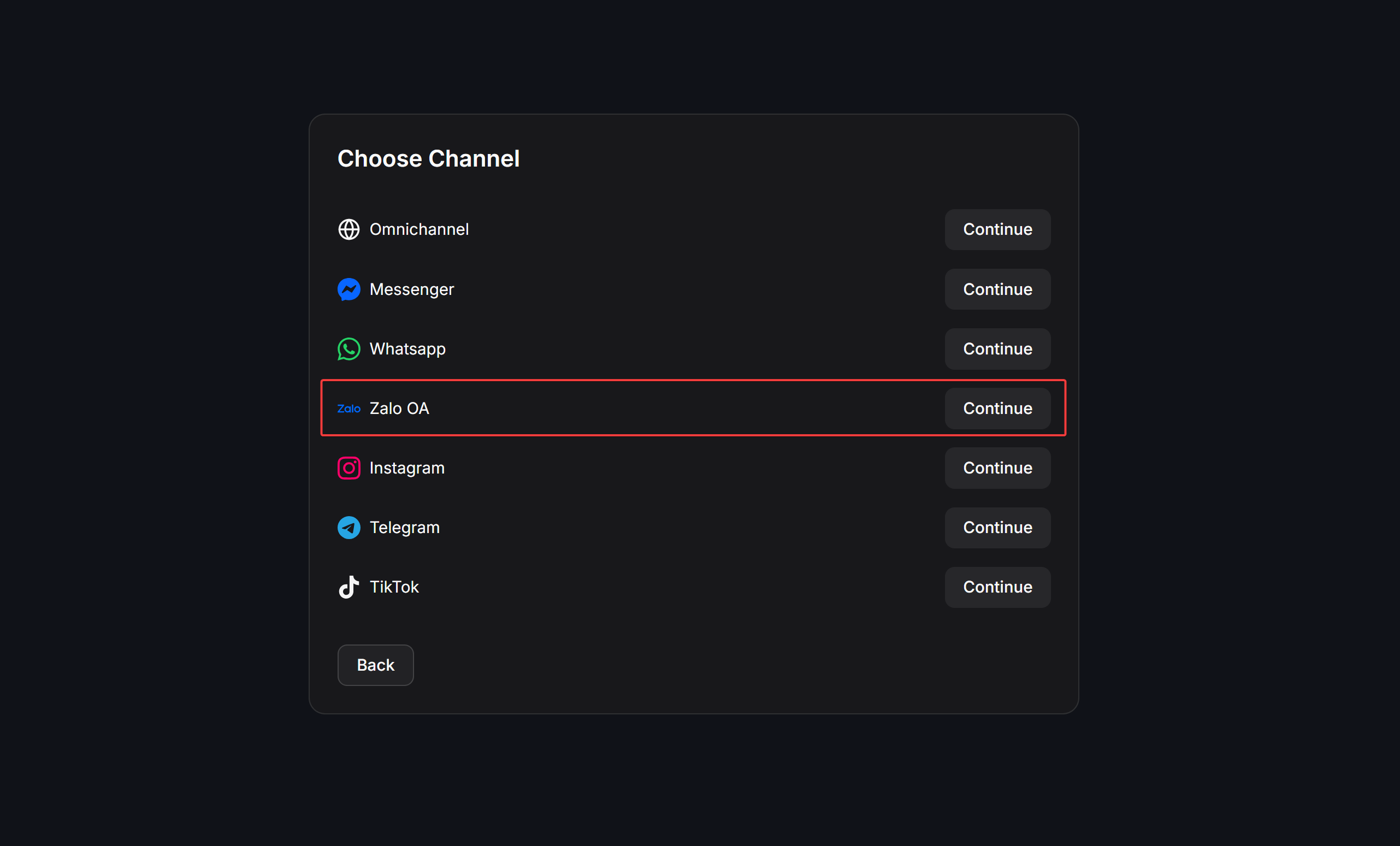 Select Zalo OA broadcast channel