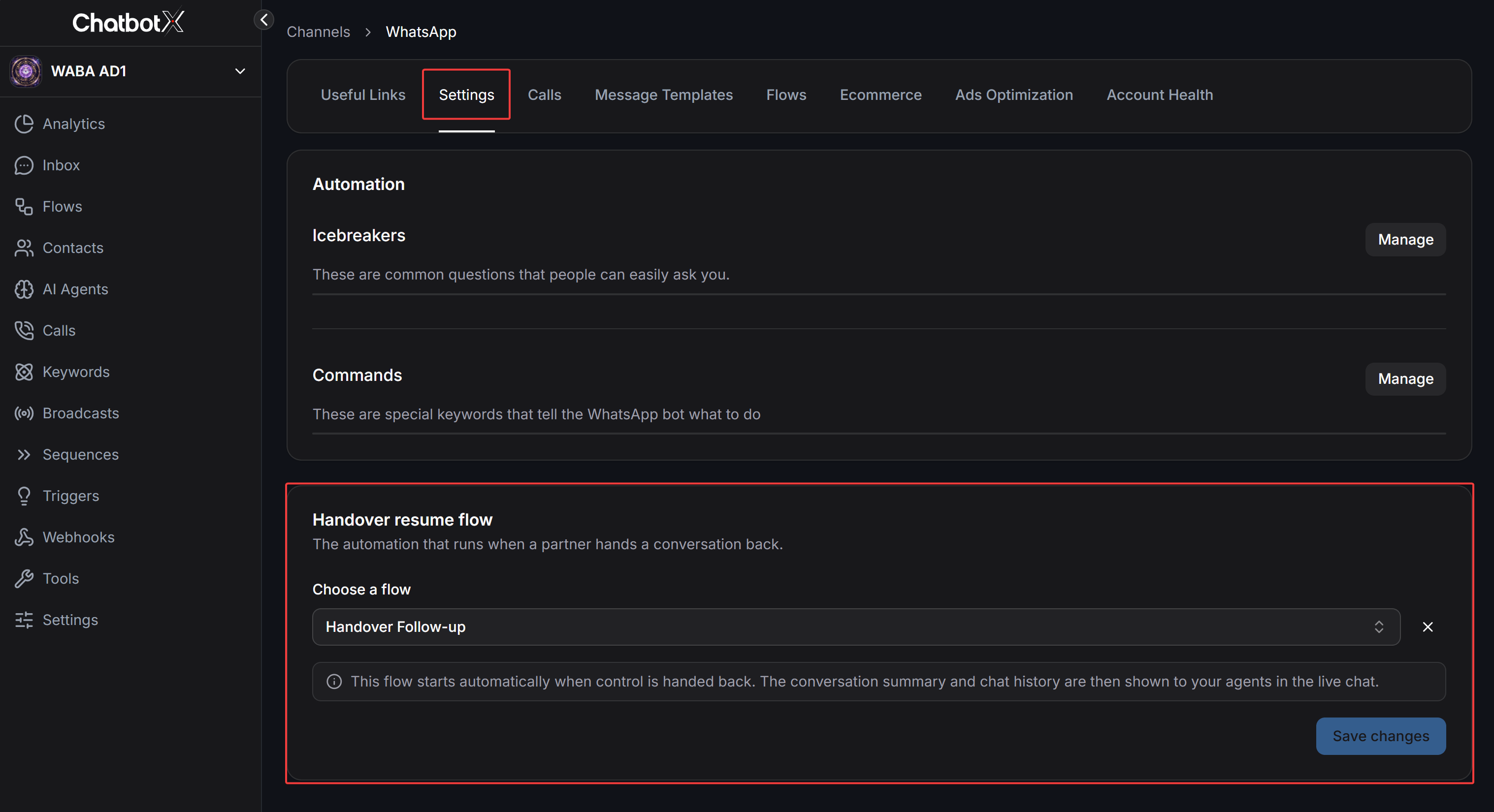 Whatsapp Handover Resume Flow Settings