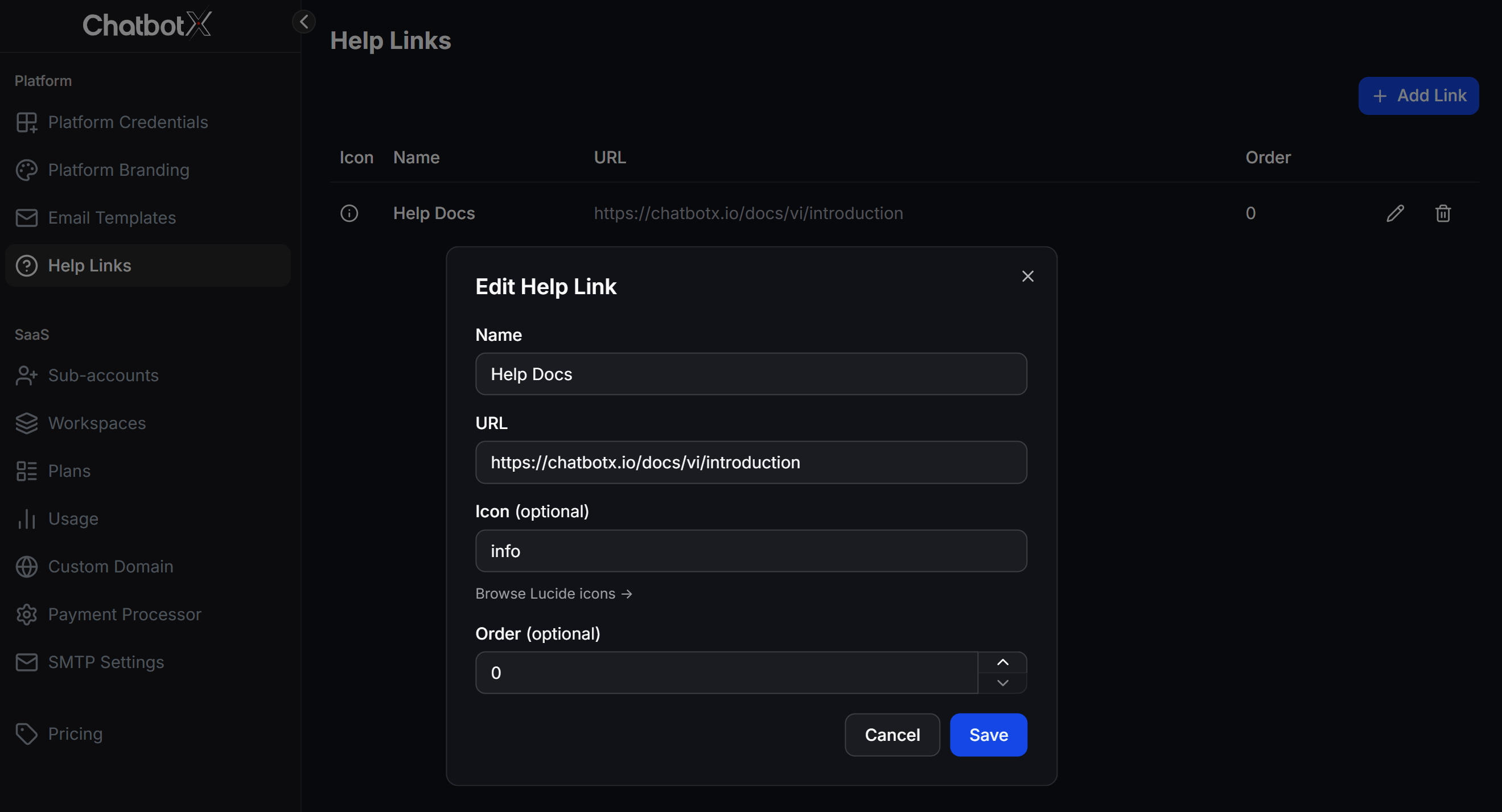 Whitelabel Add Help Link Modal