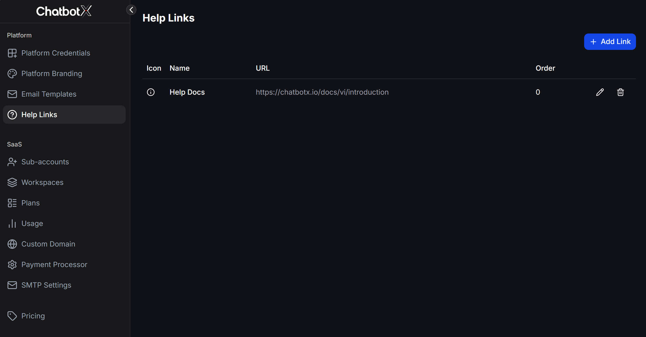 Whitelabel Help Links Dashboard