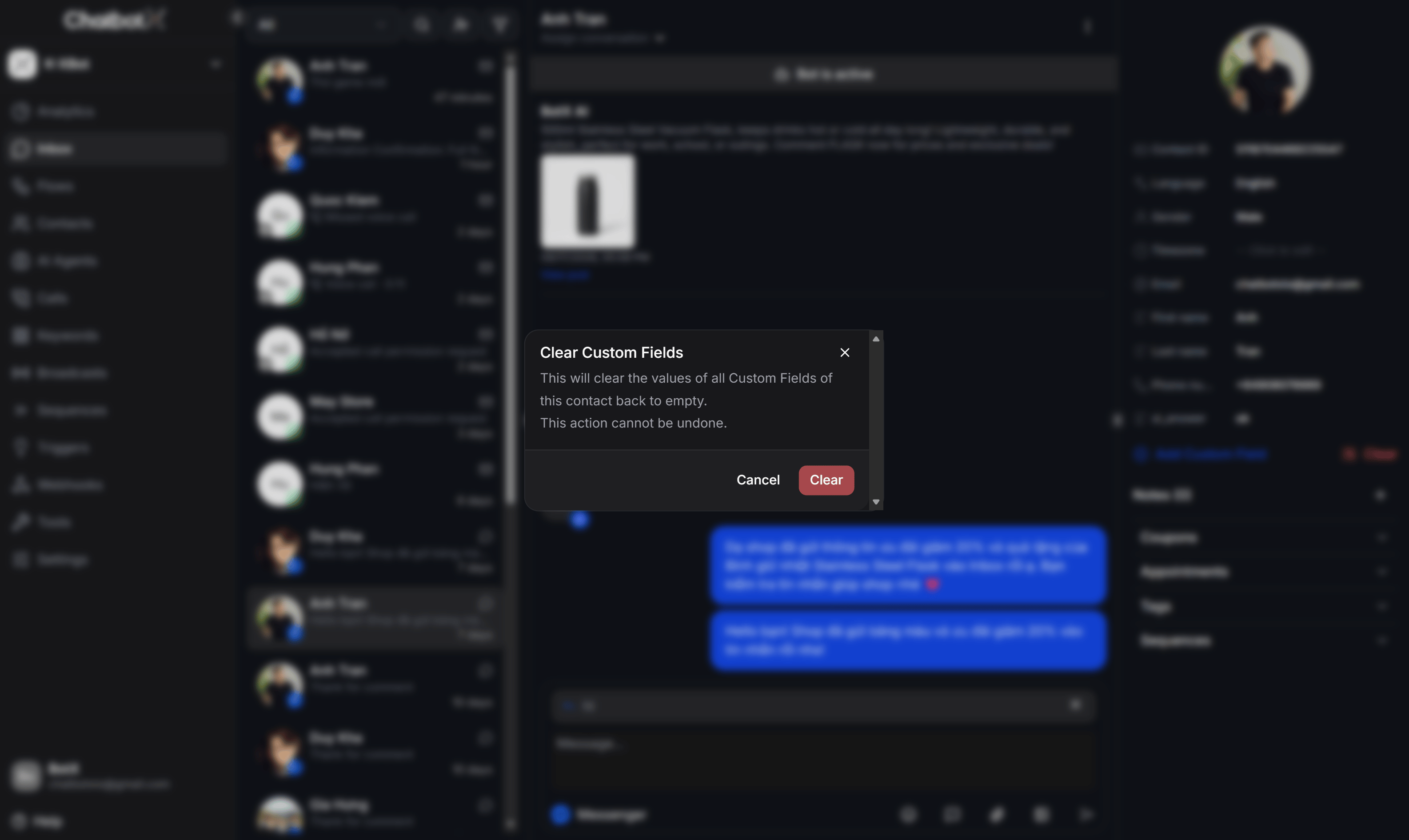 Chatbotx Inbox Clear Custom Fields Modal