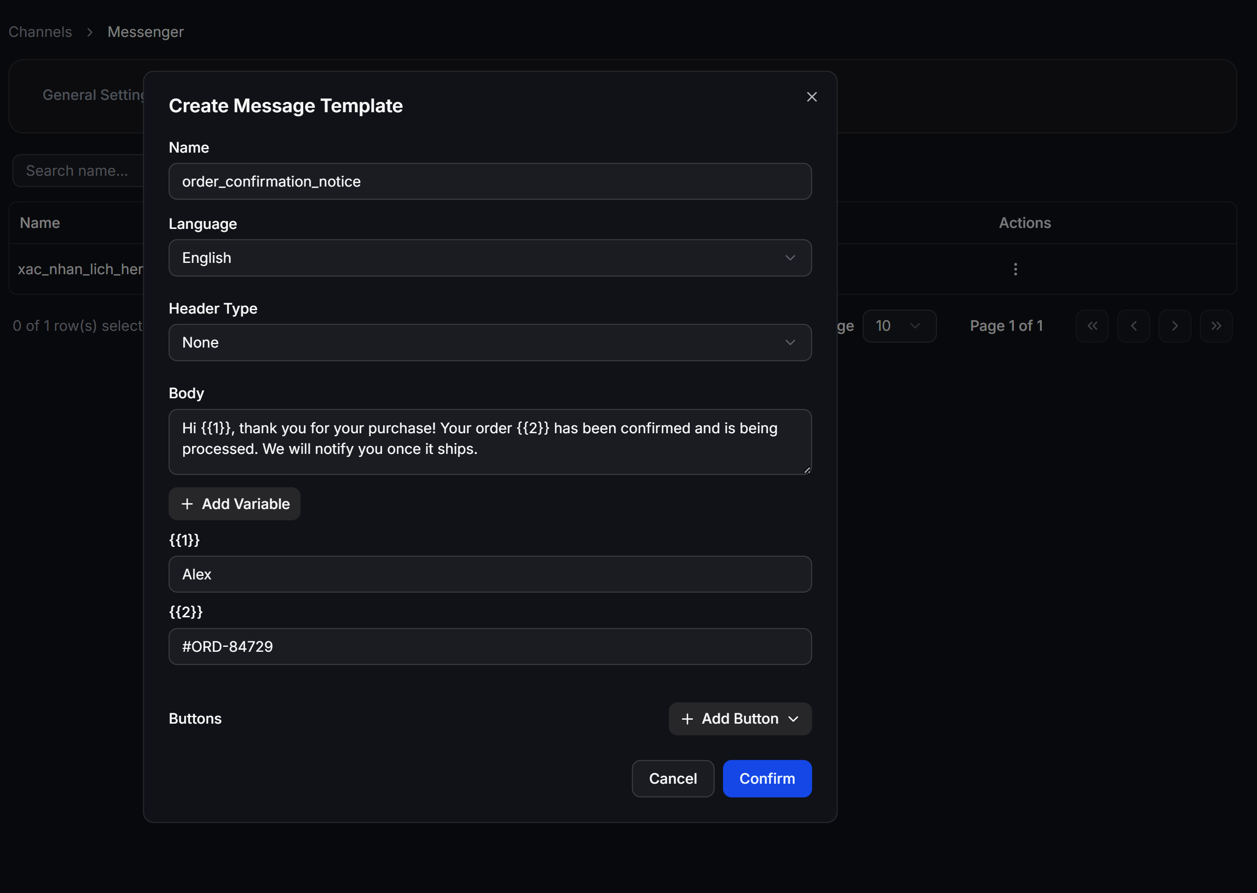 Messenger Template Create