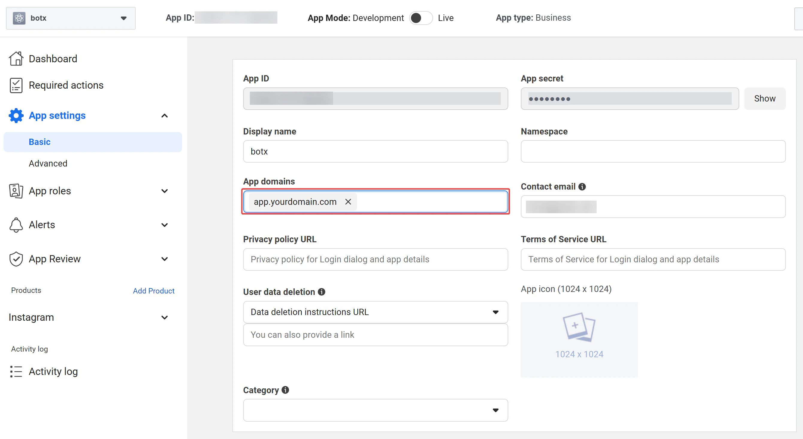 App domain field in Basic Settings