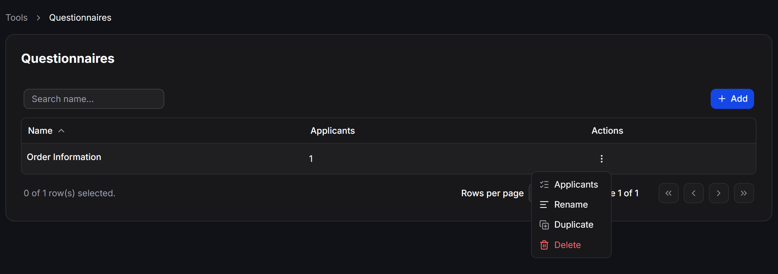 Questionnaires Management Page
