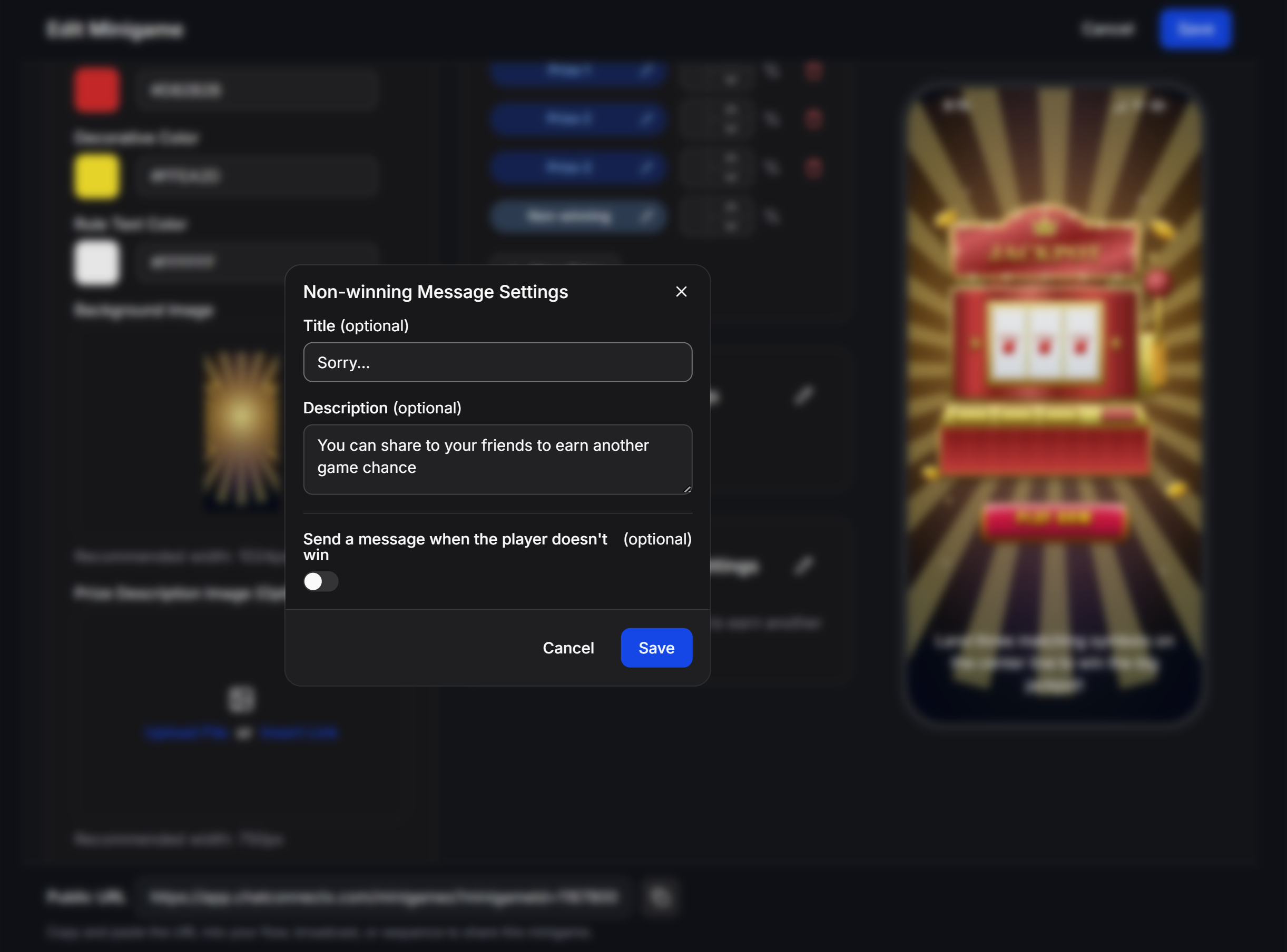 Jackpot Non Winning Message Settings Modal