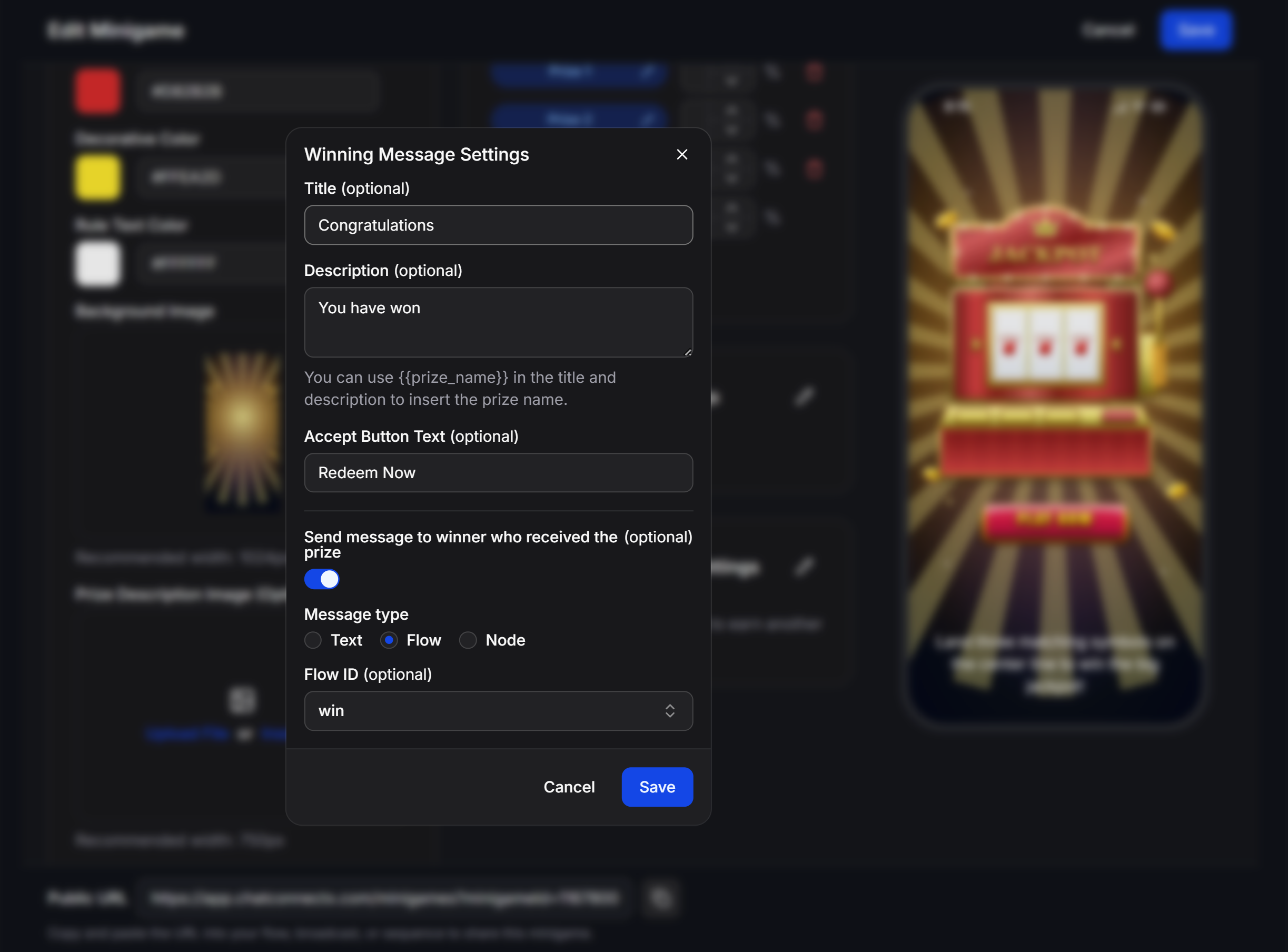 Jackpot Winning Message Settings Modal