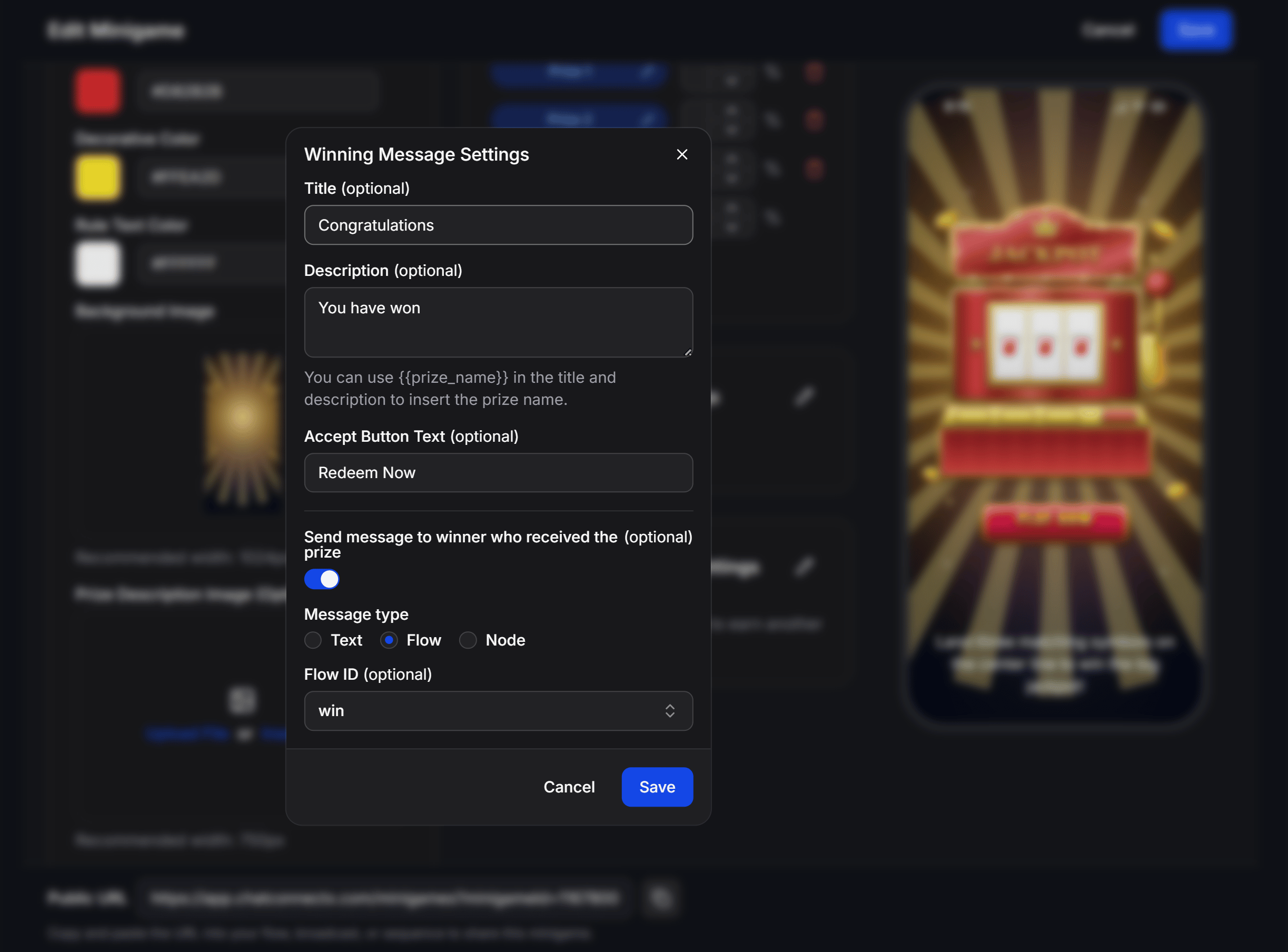 Jackpot Winning Message Settings Modal