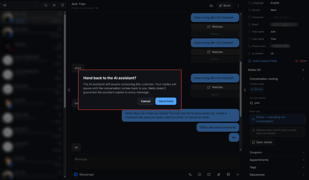 Confirm Hand back modal