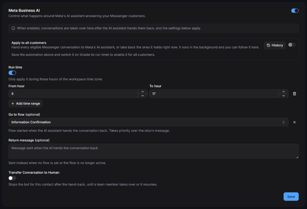 Meta Business AI Settings in ChatbotX
