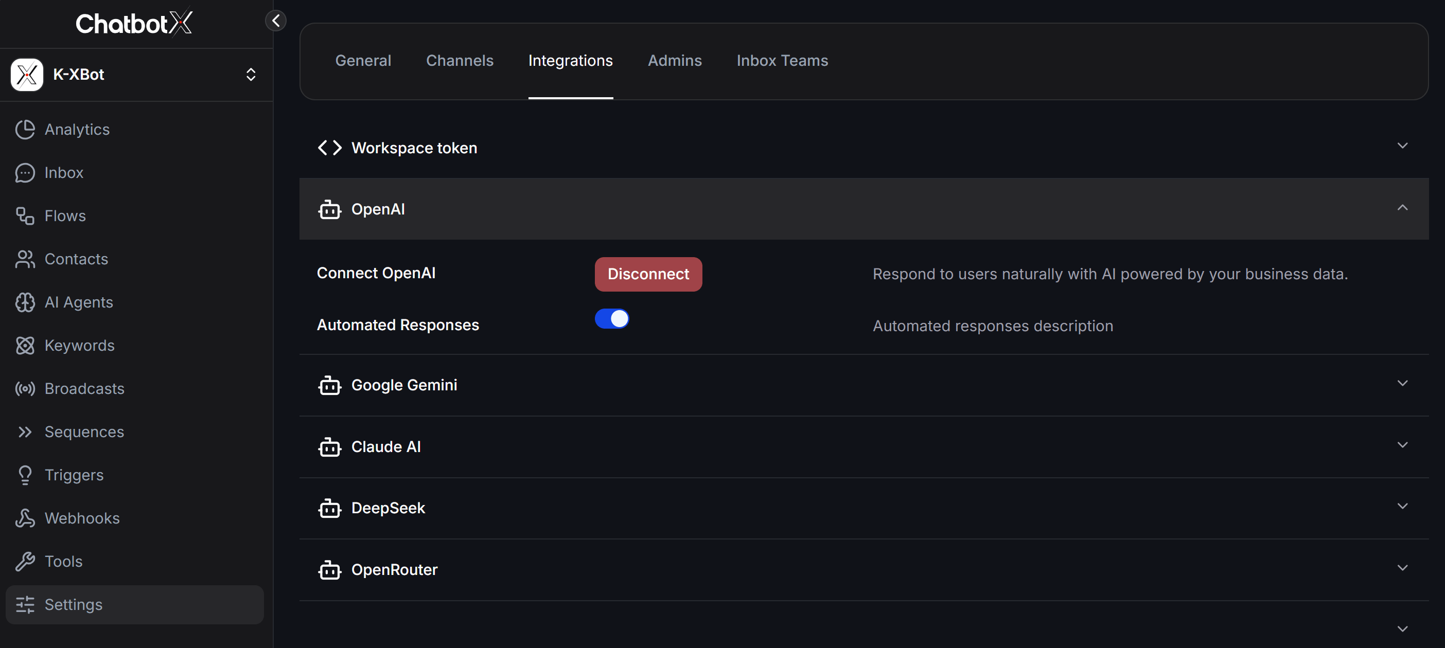 Chatbotx Settings Integrations AI Providers
