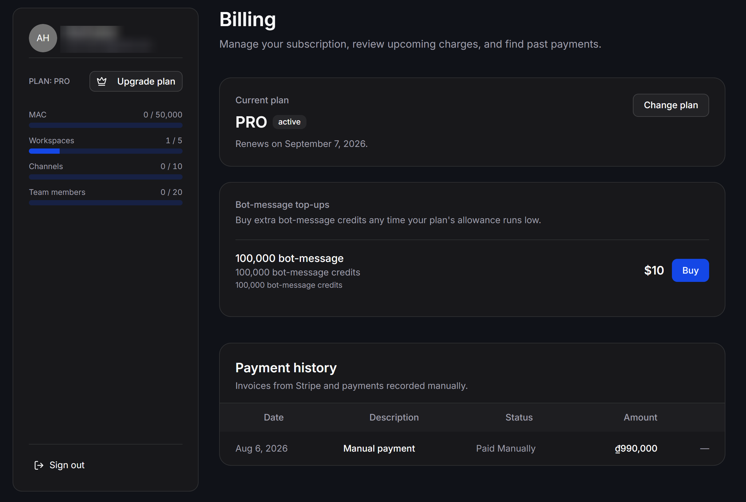 Purchase a Bot-message Top-up pack from Billing