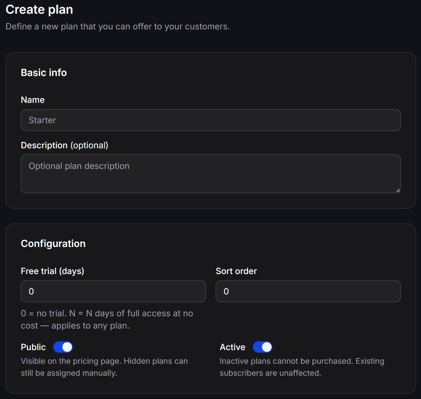 Configure plan basic information and settings