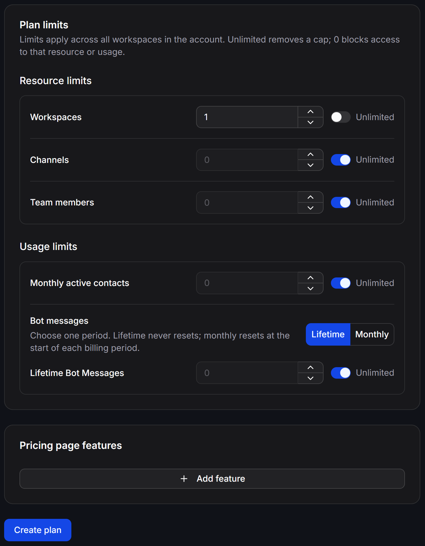 Configure plan limits and pricing page features