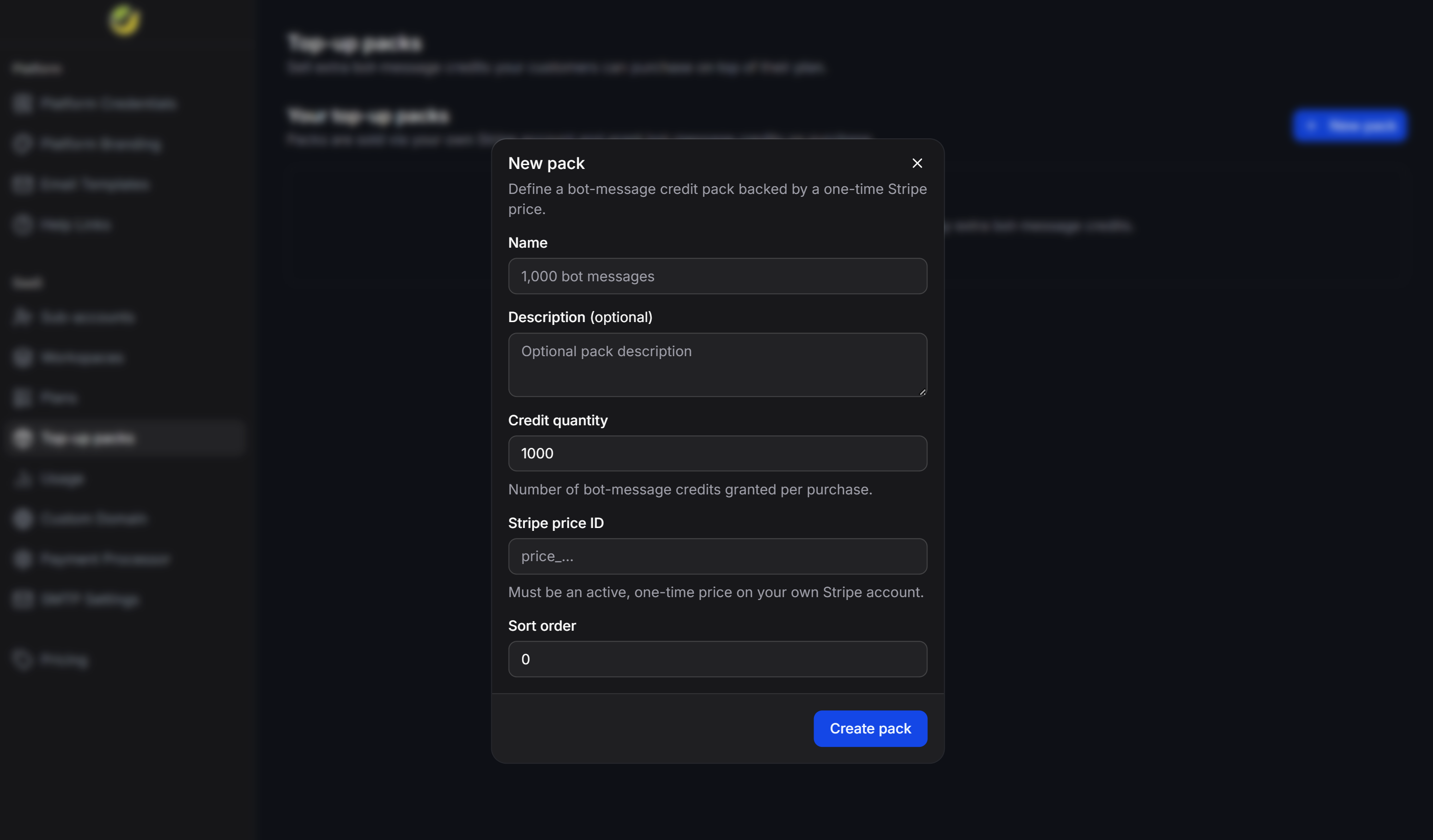 Configure a new Bot-message Top-up pack