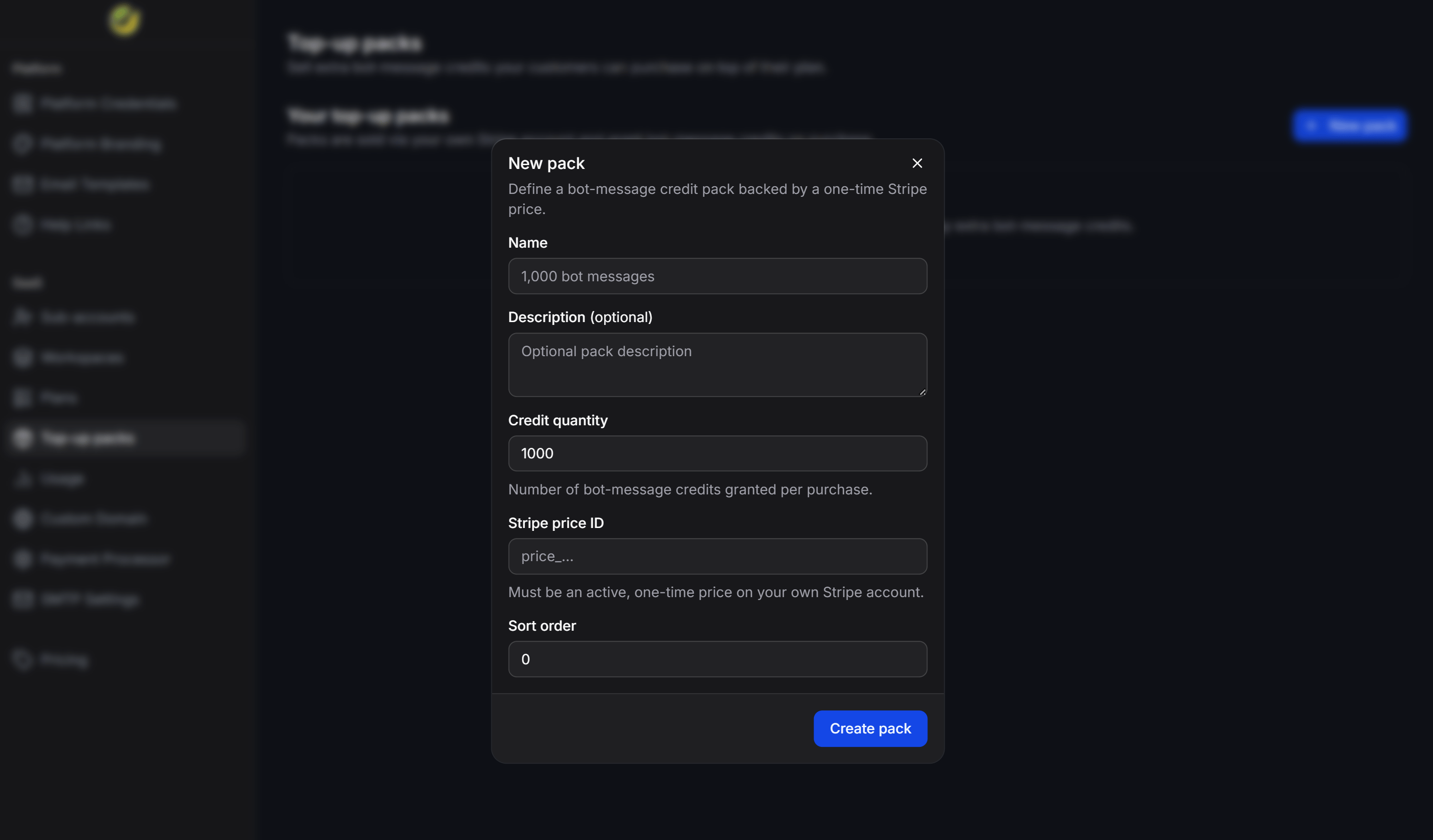 Configure a new Bot-message Top-up pack