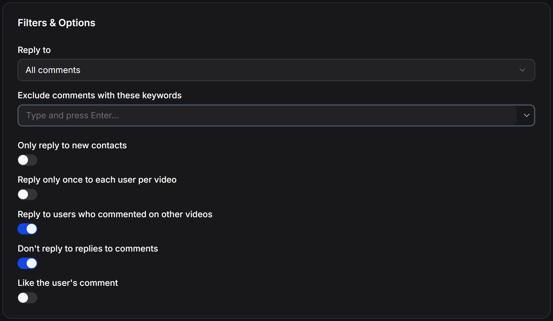 Chatbotx Tiktok Comment Filters Options