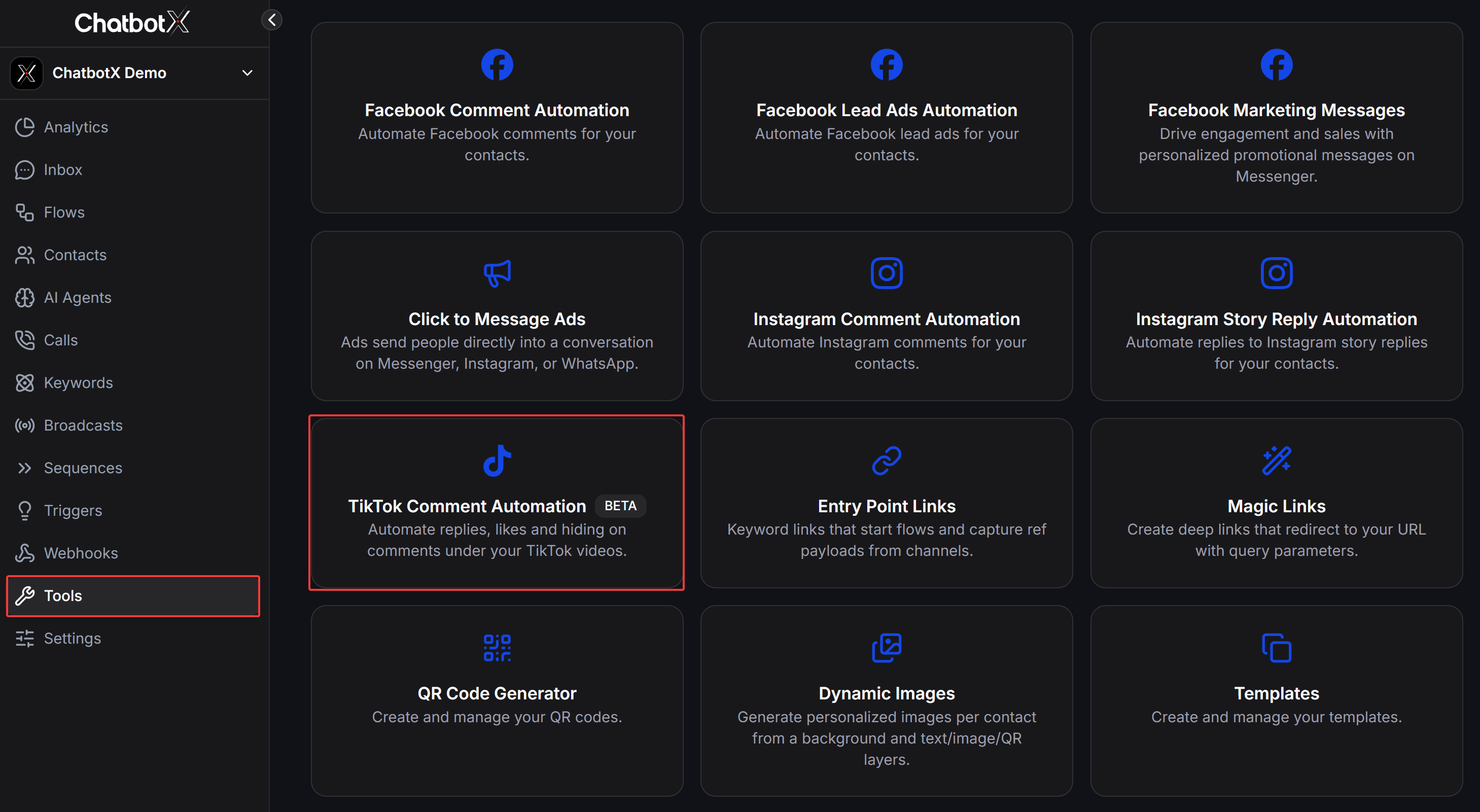 Chatbotx Tools Menu Tiktok Comment