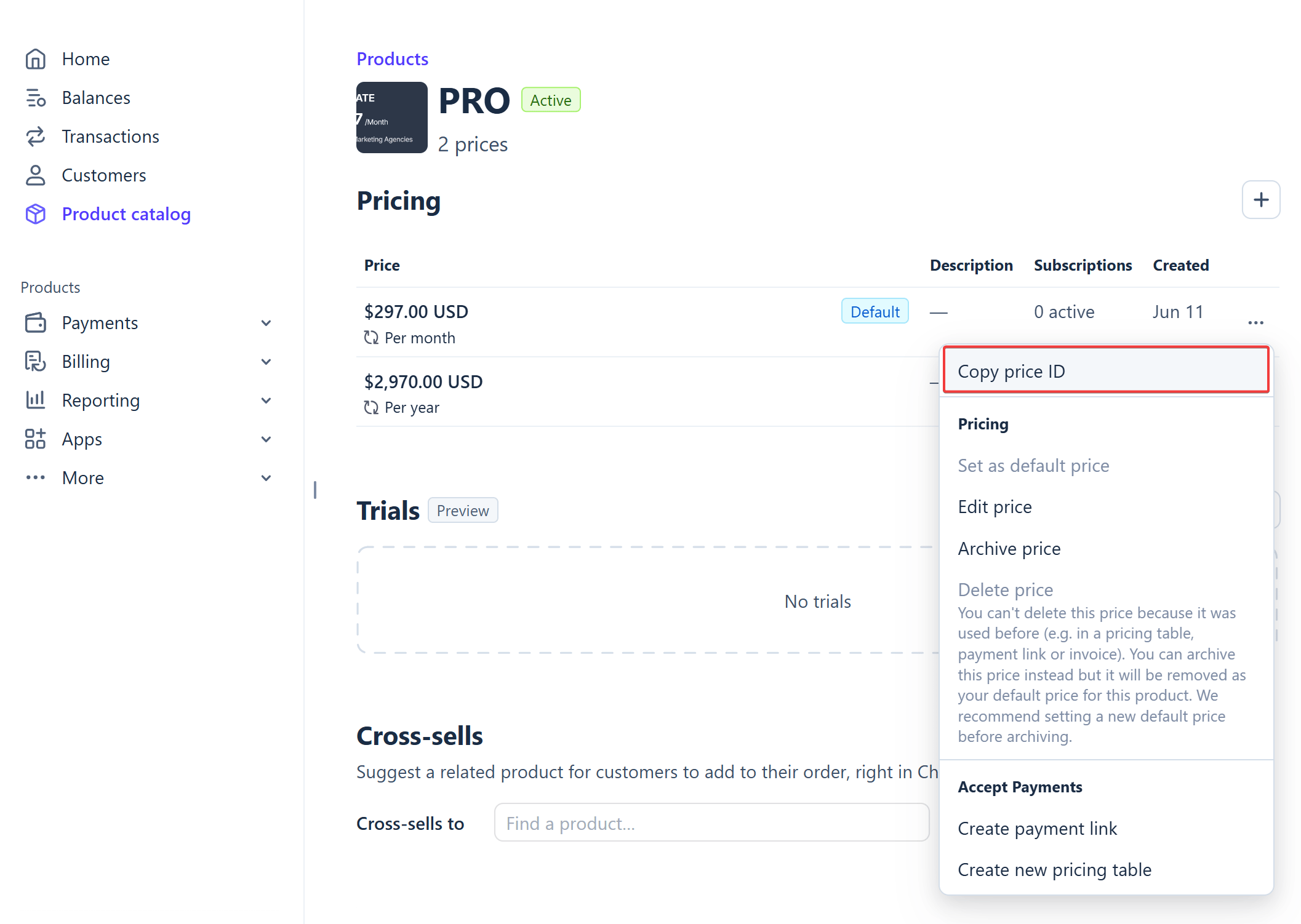 Stripe Copy Price Id Menu