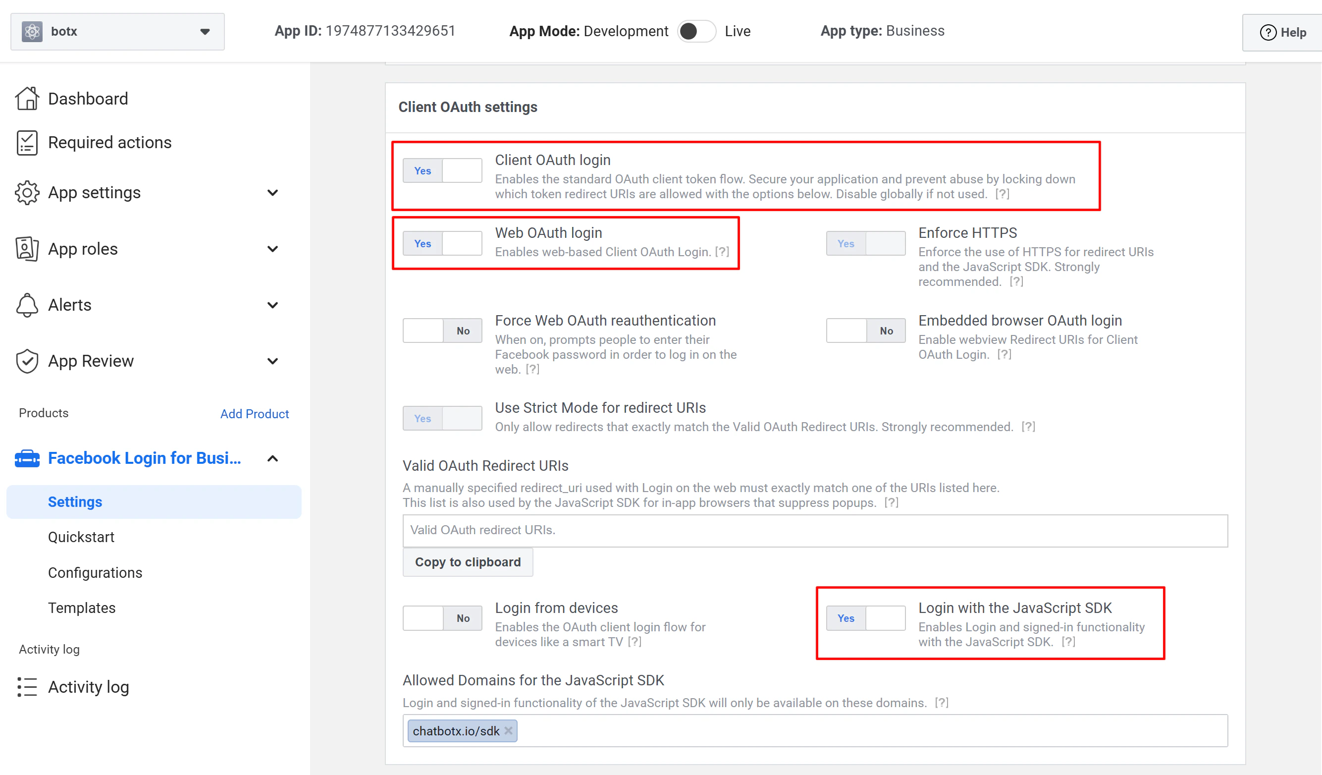 Facebook Login settings with OAuth and SDK options