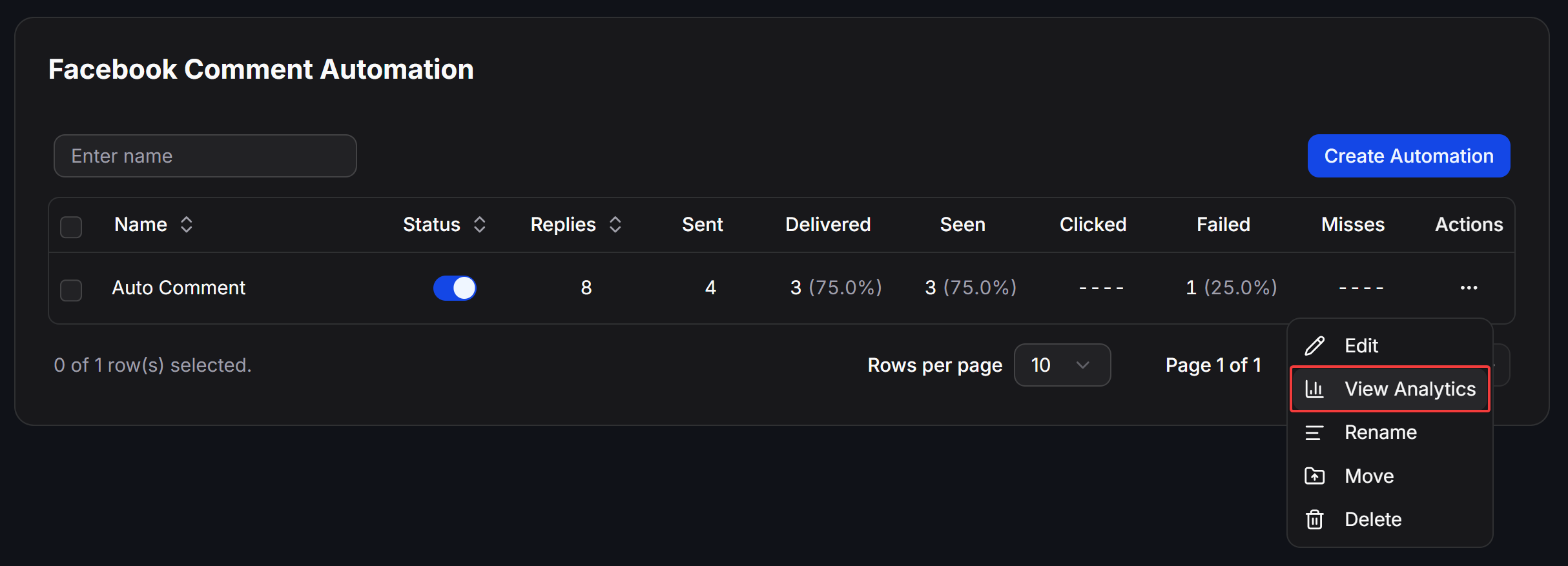 Access View Analytics from the automation list