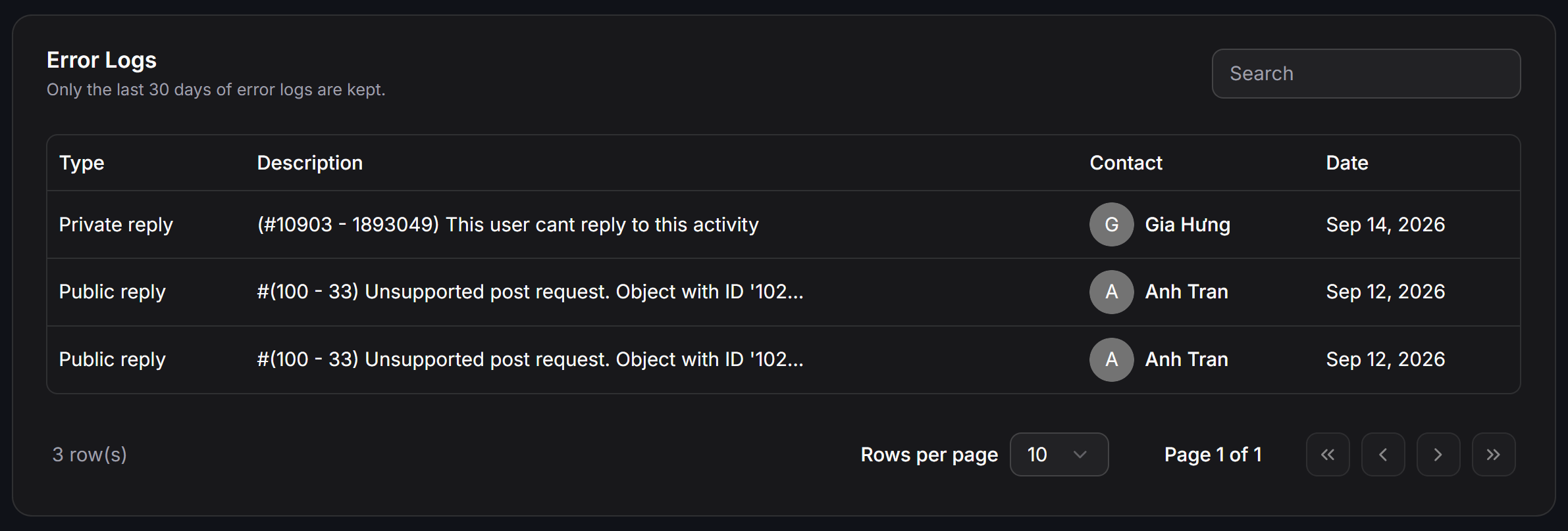 Error Logs table