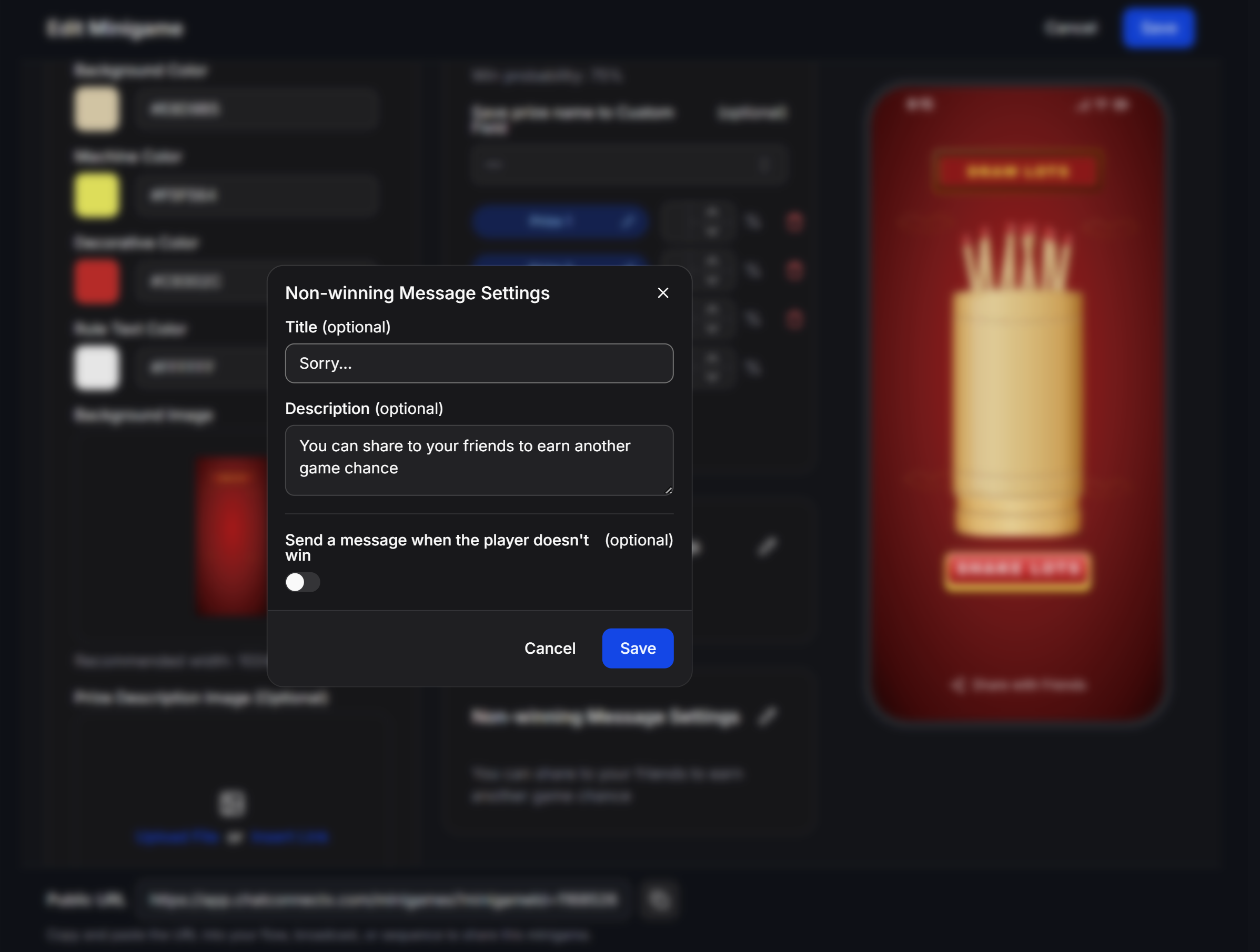 Draw Lots Non Winning Message Settings Modal