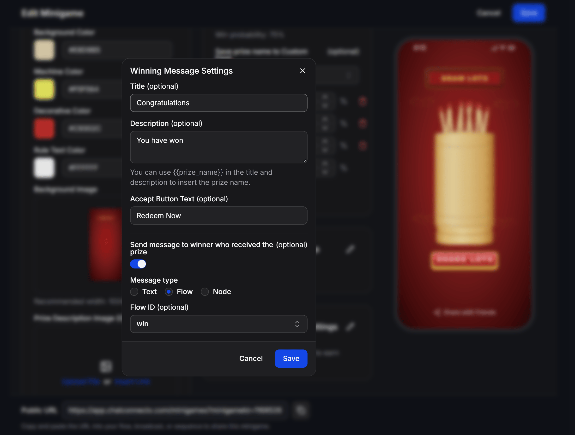 Draw Lots Winning Message Settings Modal