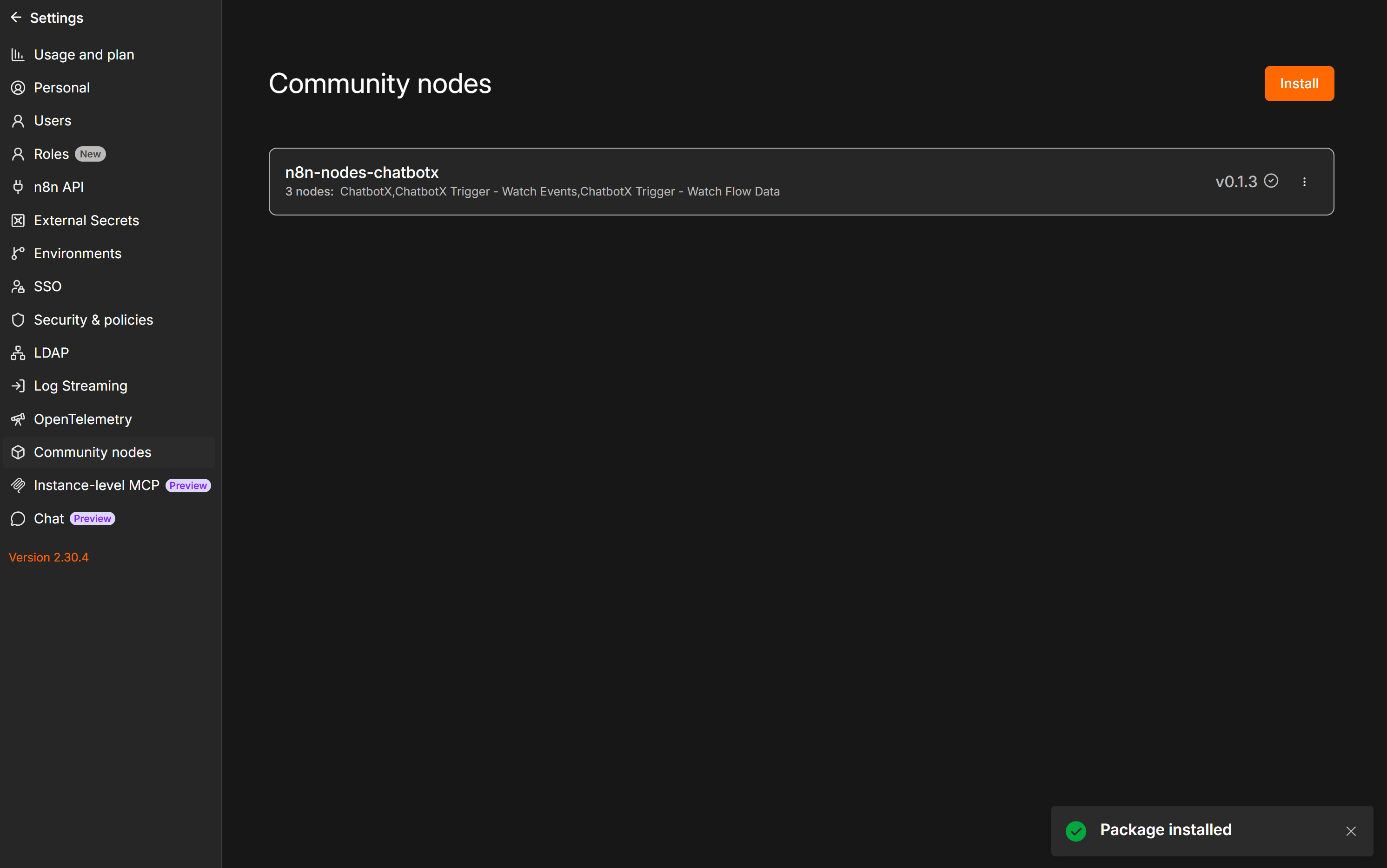 Confirm the ChatbotX community node package is installed in n8n