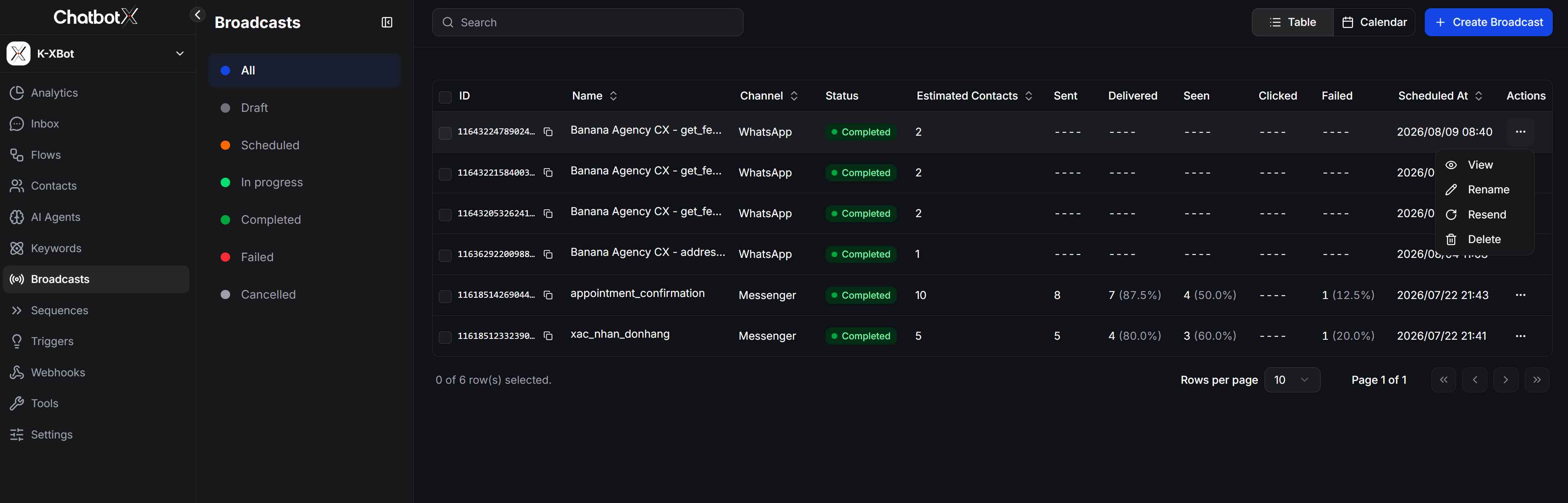 Broadcasts Table View