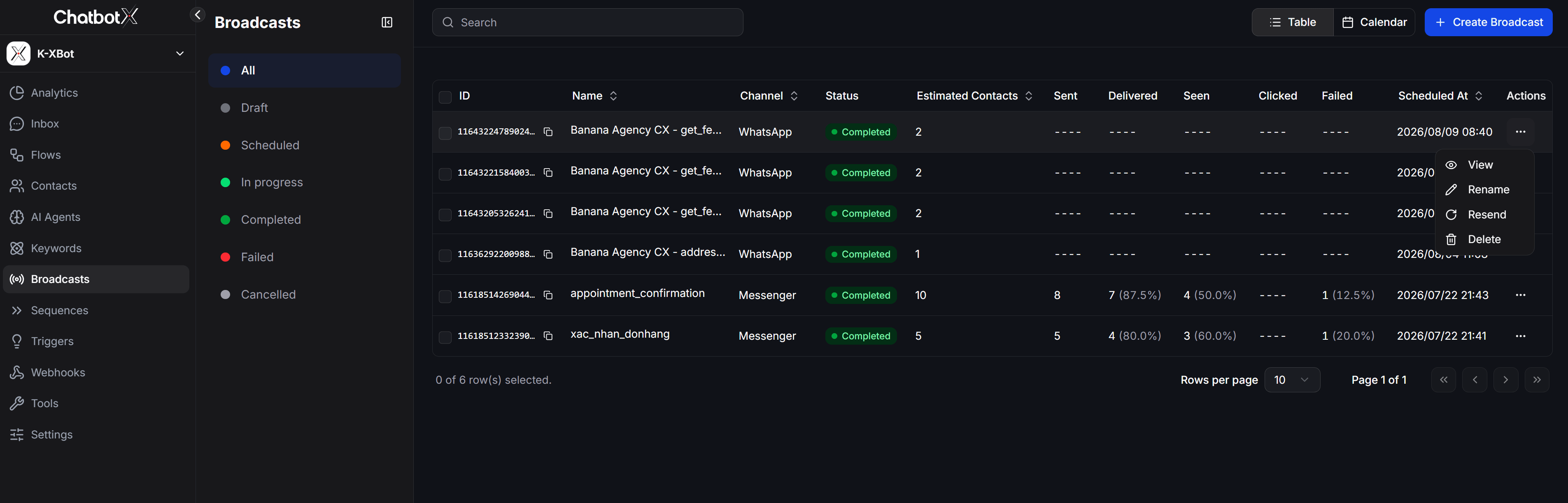Broadcasts Table View