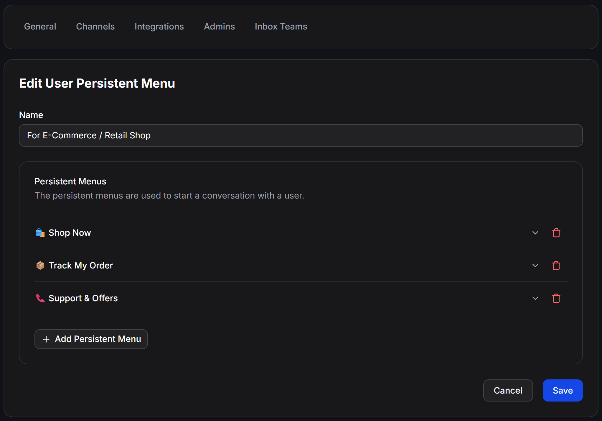 Settings Create User Persistent Menu Form