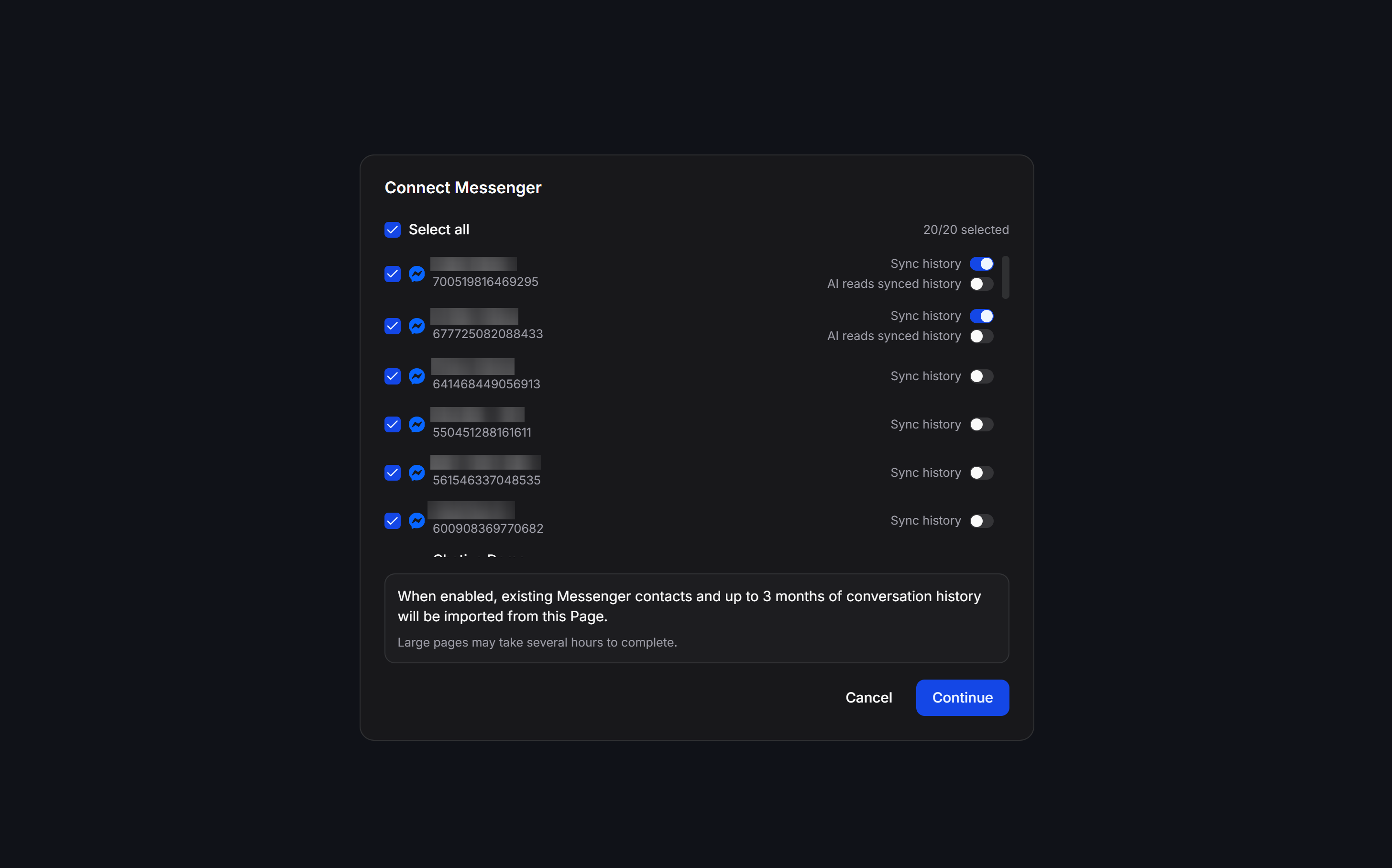 Connect Messenger Bulk Pages Selection