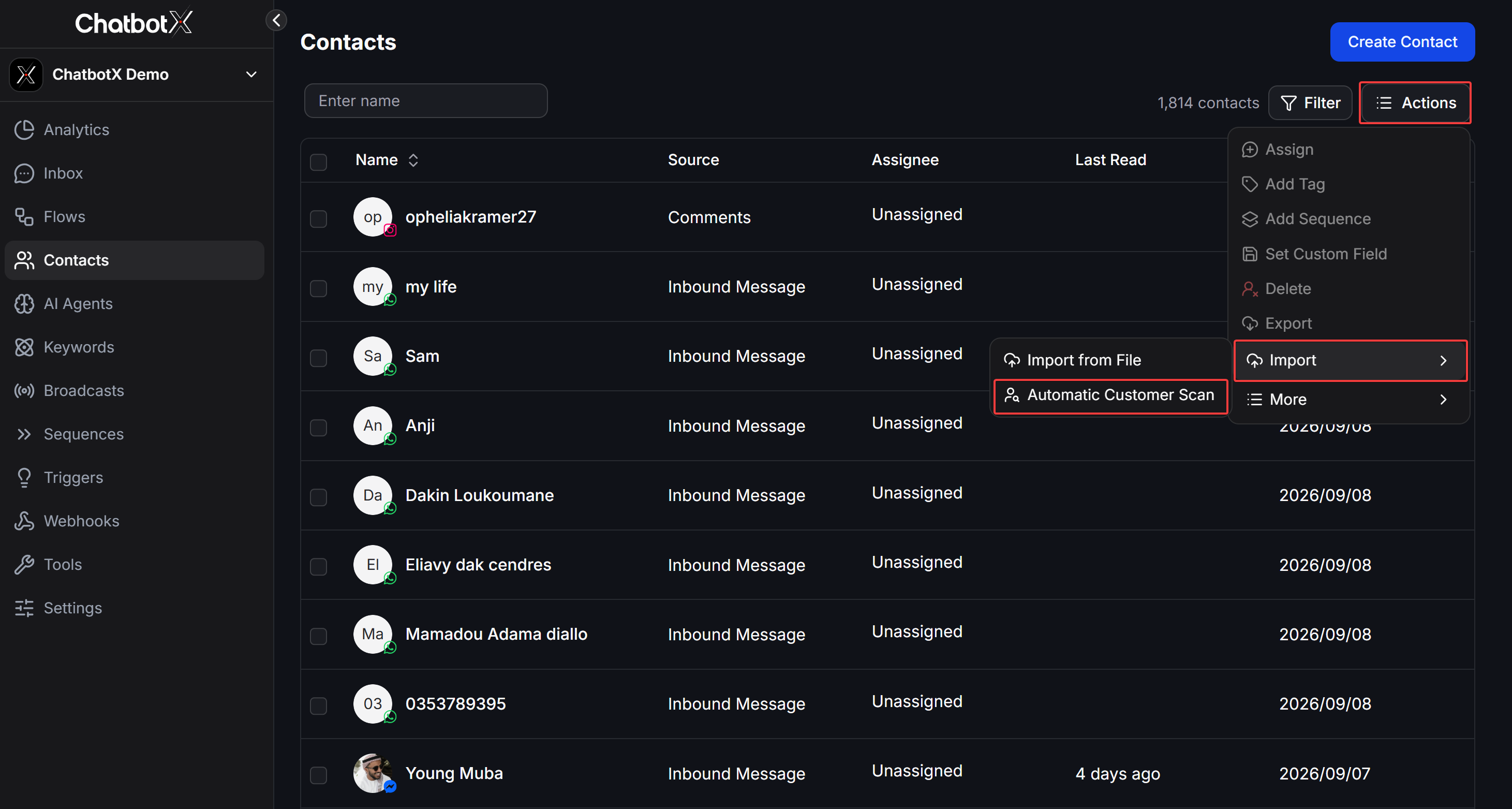 Contacts Automatic Customer Scan Menu
