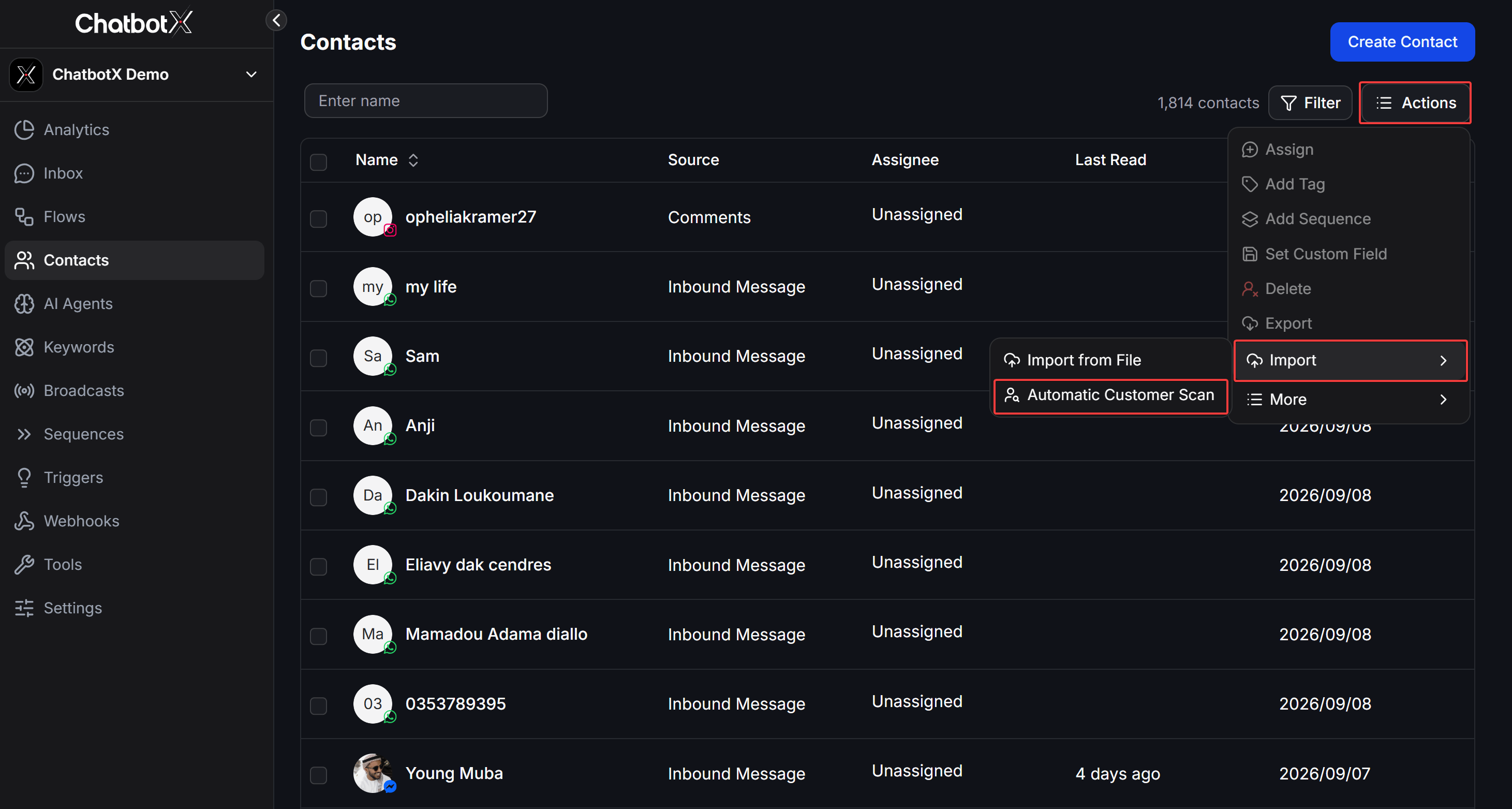 Contacts Automatic Customer Scan Menu