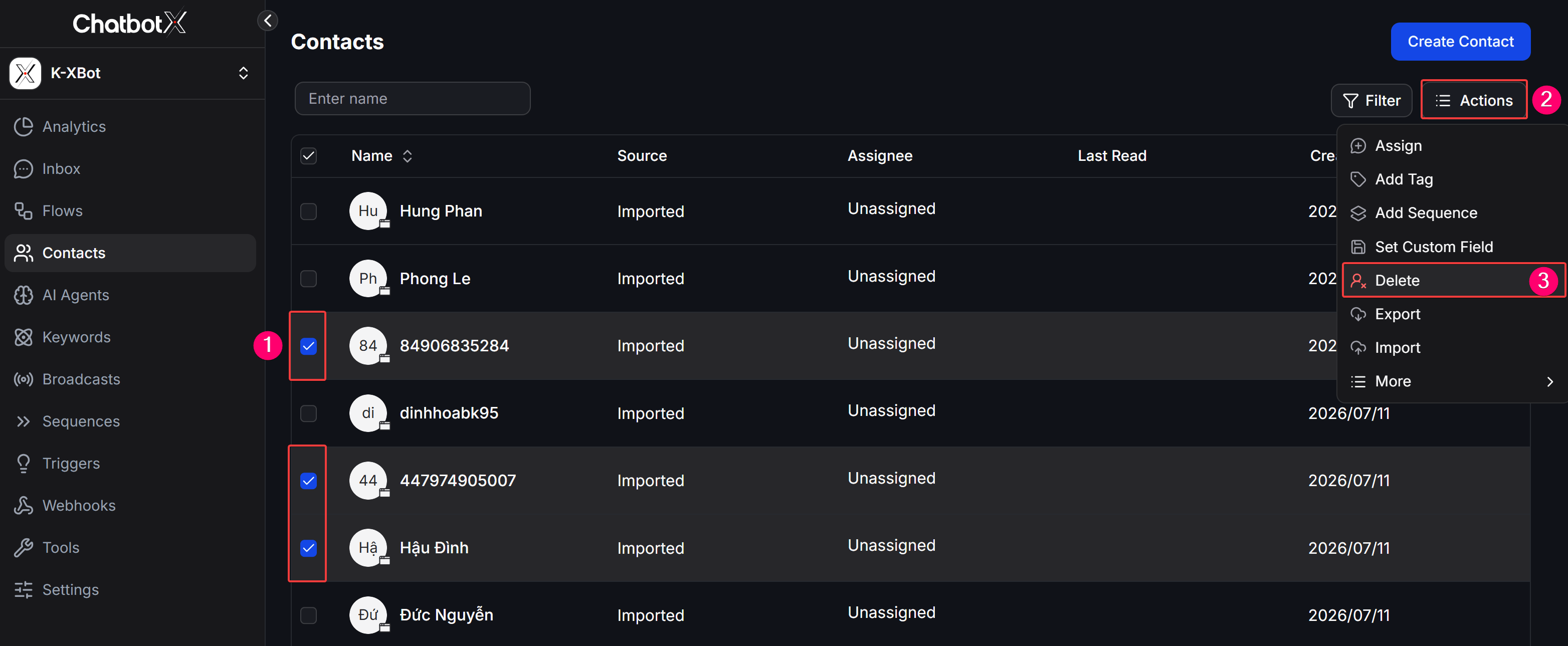 Delete Contact Contacts Section