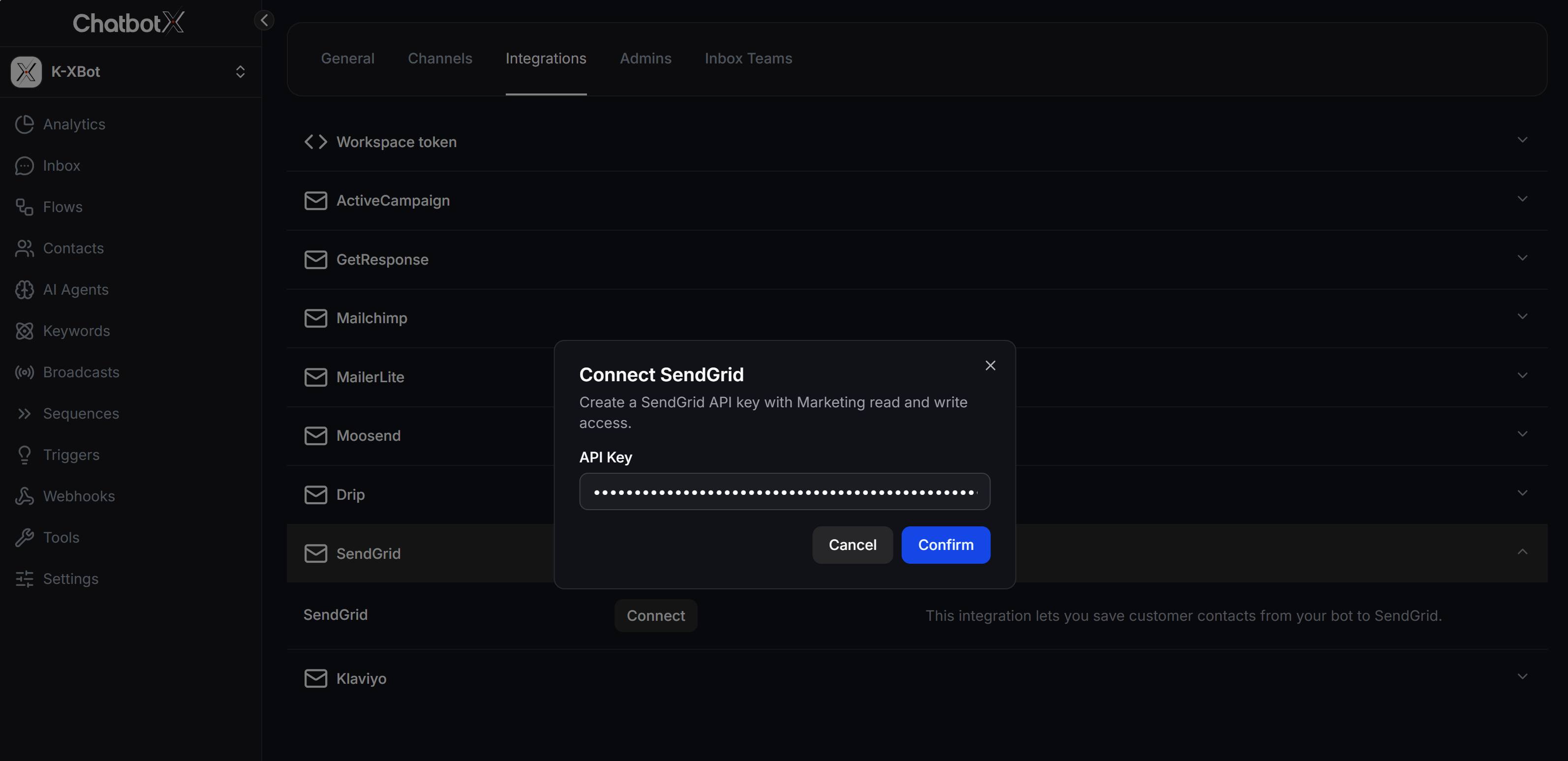 Connect SendGrid in ChatbotX Integrations