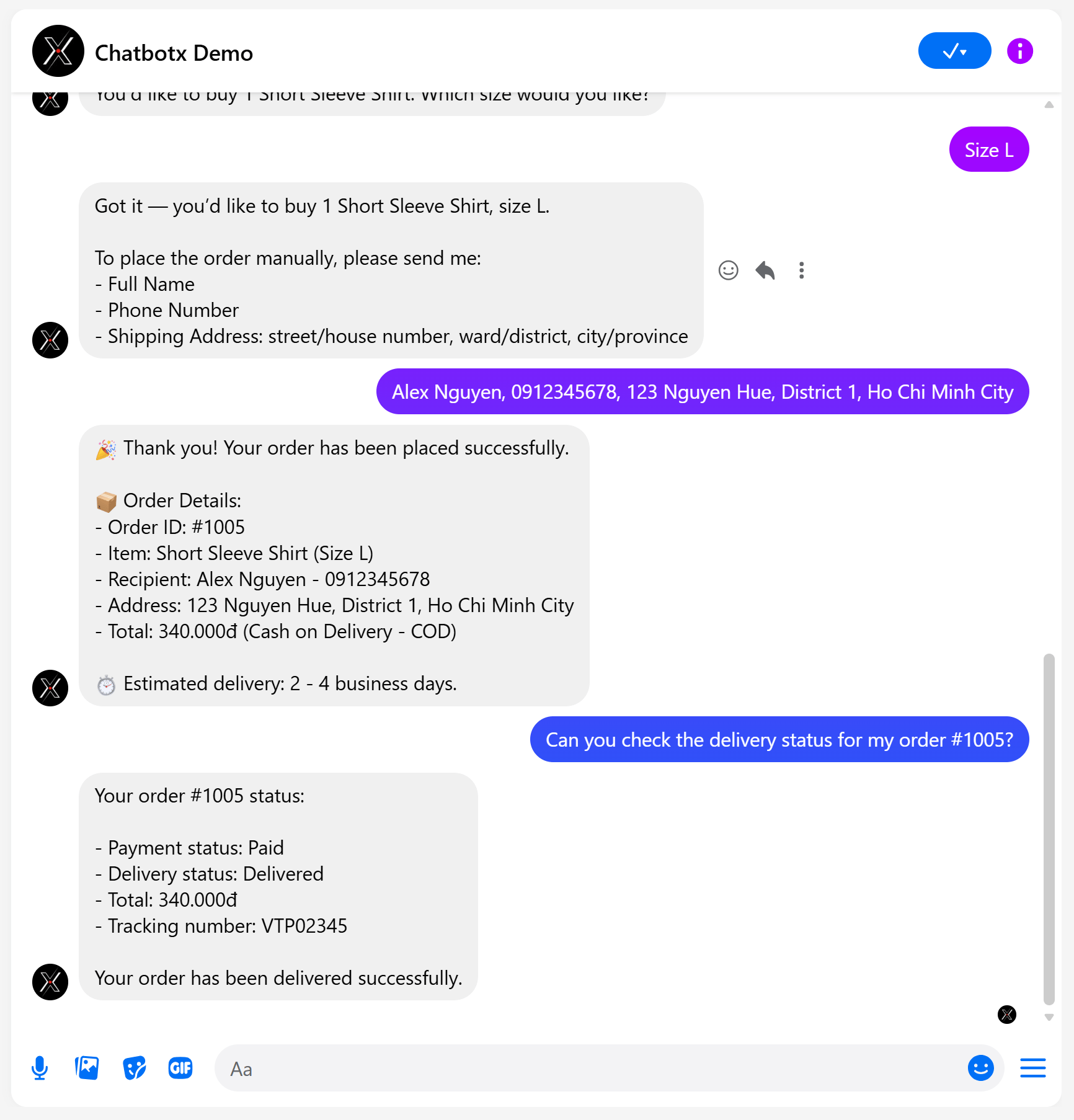 ChatbotX AI Agent Shopify Order Creation and Tracking