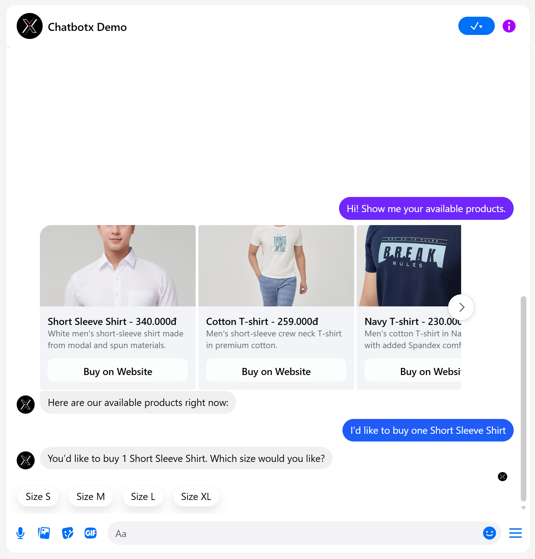 ChatbotX AI Agent Shopify Product Carousel and Size Quick Replies