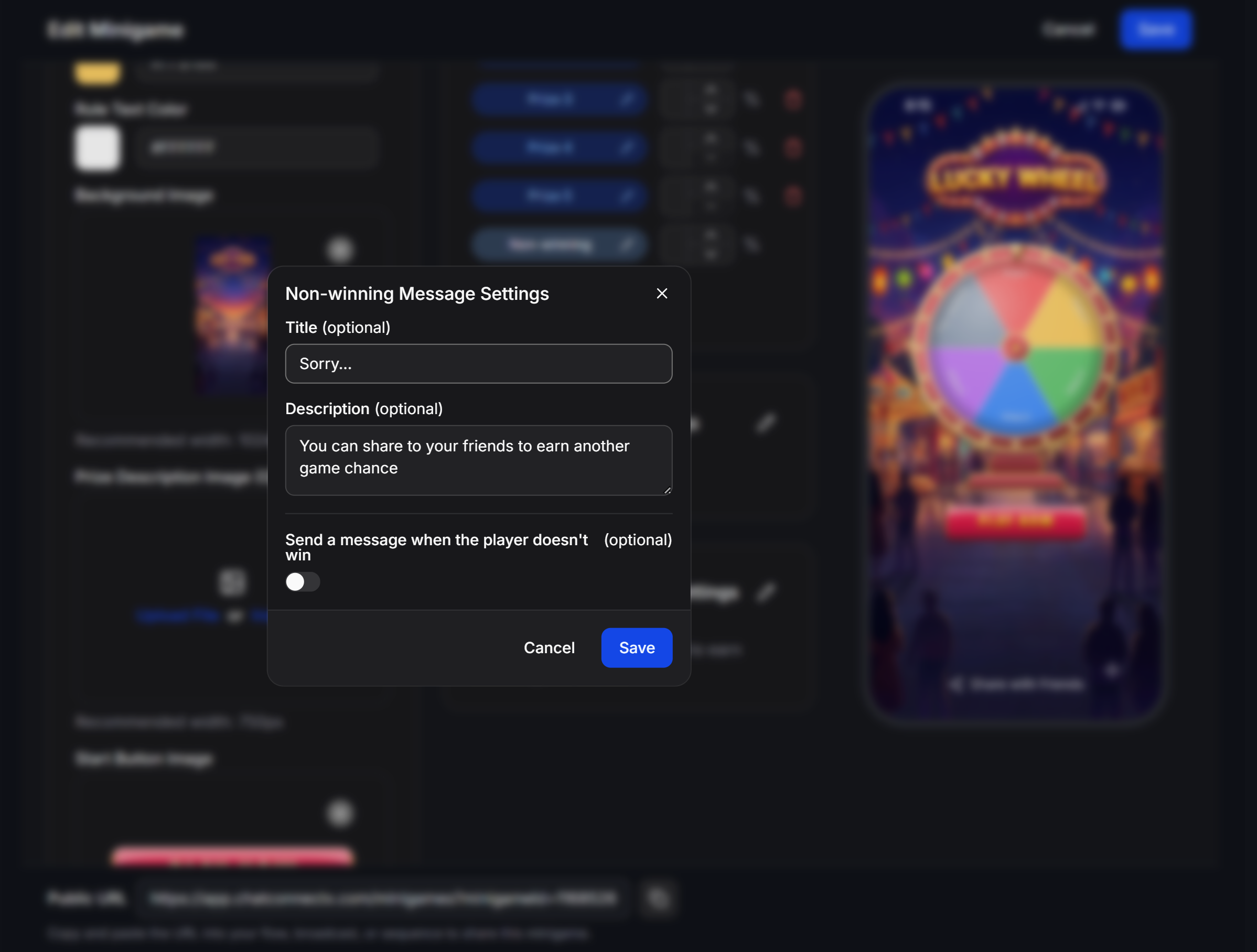 Lucky Wheel Non Winning Message Settings Modal