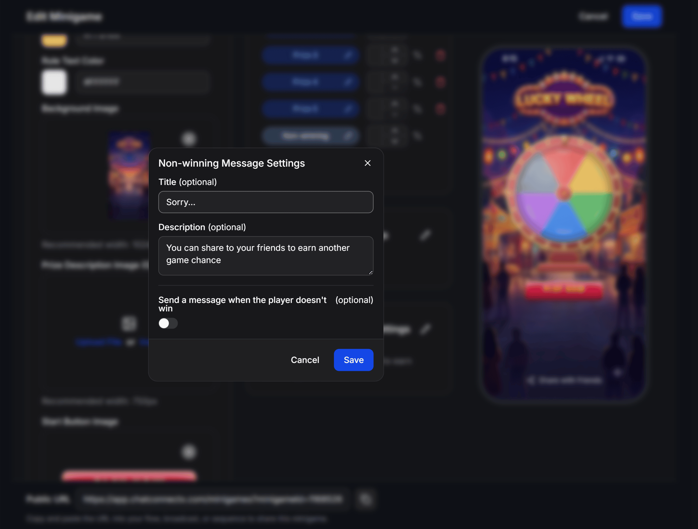 Lucky Wheel Non Winning Message Settings Modal