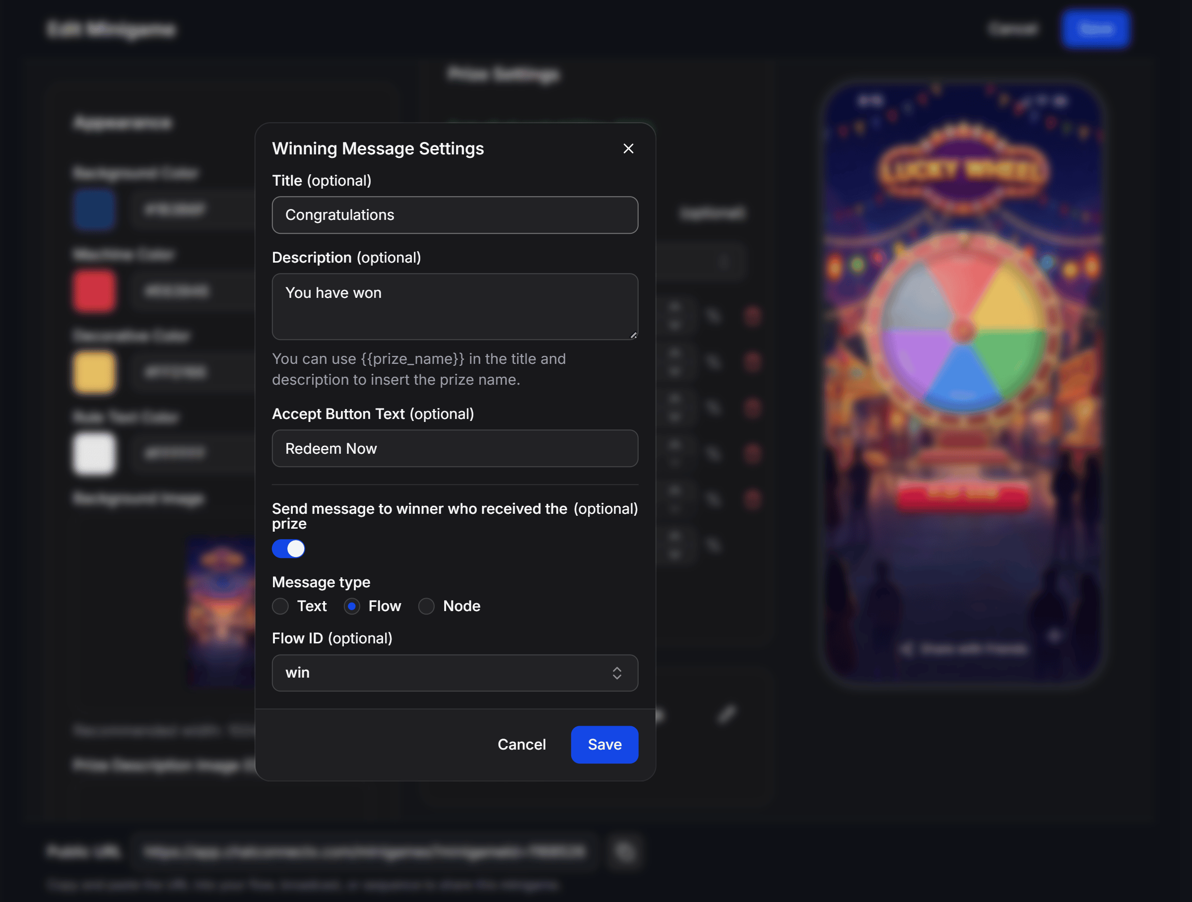 Lucky Wheel Winning Message Settings Modal