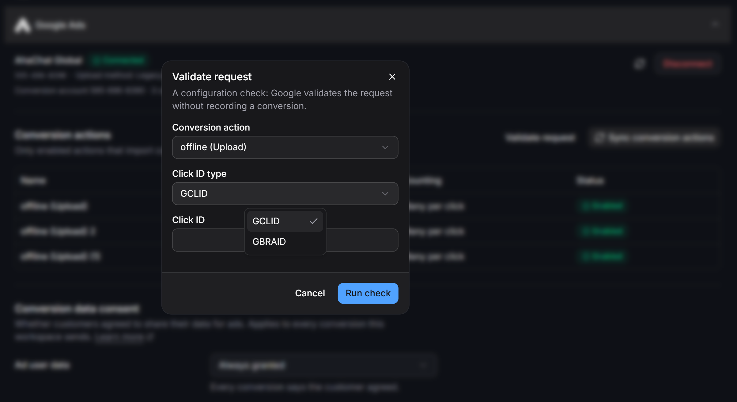 Google Ads Validate Request Modal