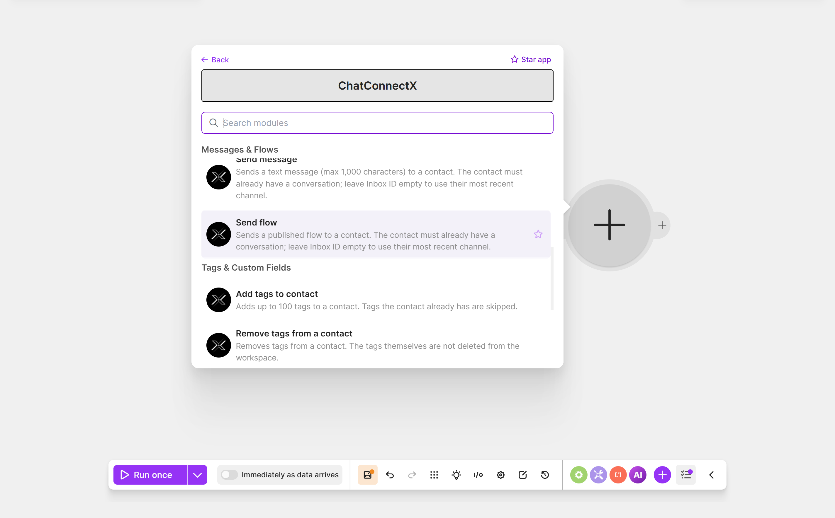 Choose a ChatConnectX Action module in Make