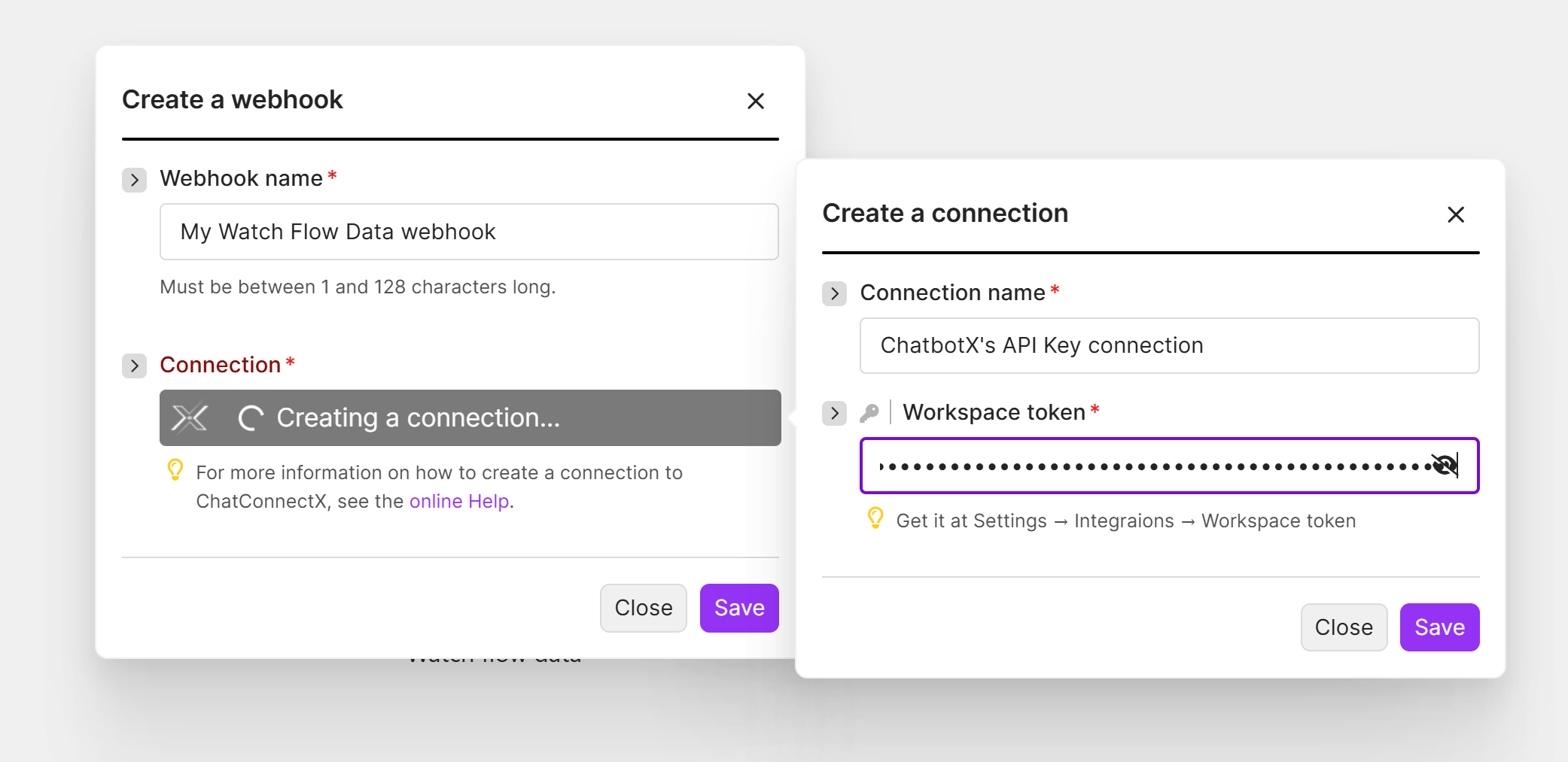 Enter the ChatbotX Workspace token when creating a Make connection