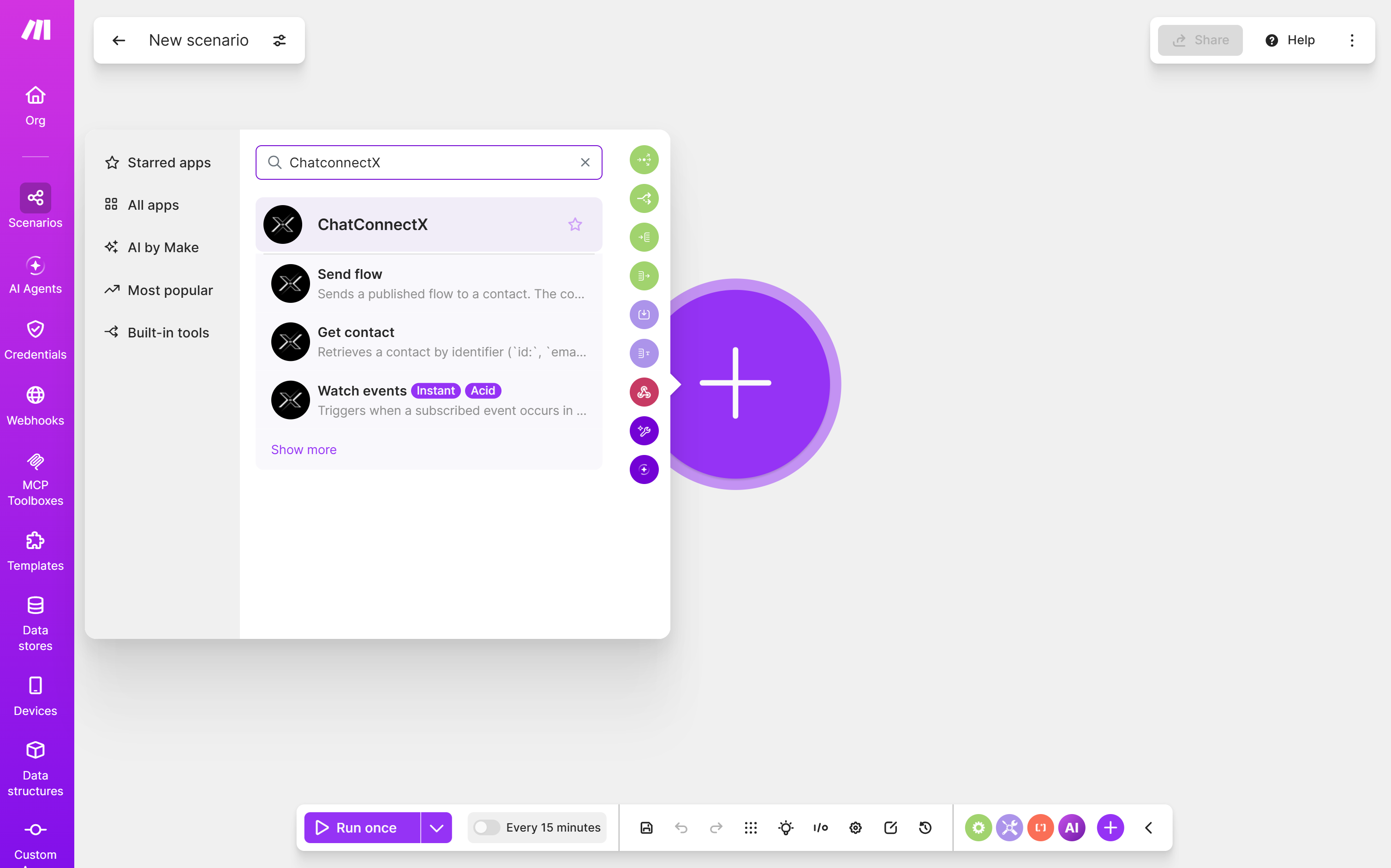 Search for ChatConnectX in a new Make scenario