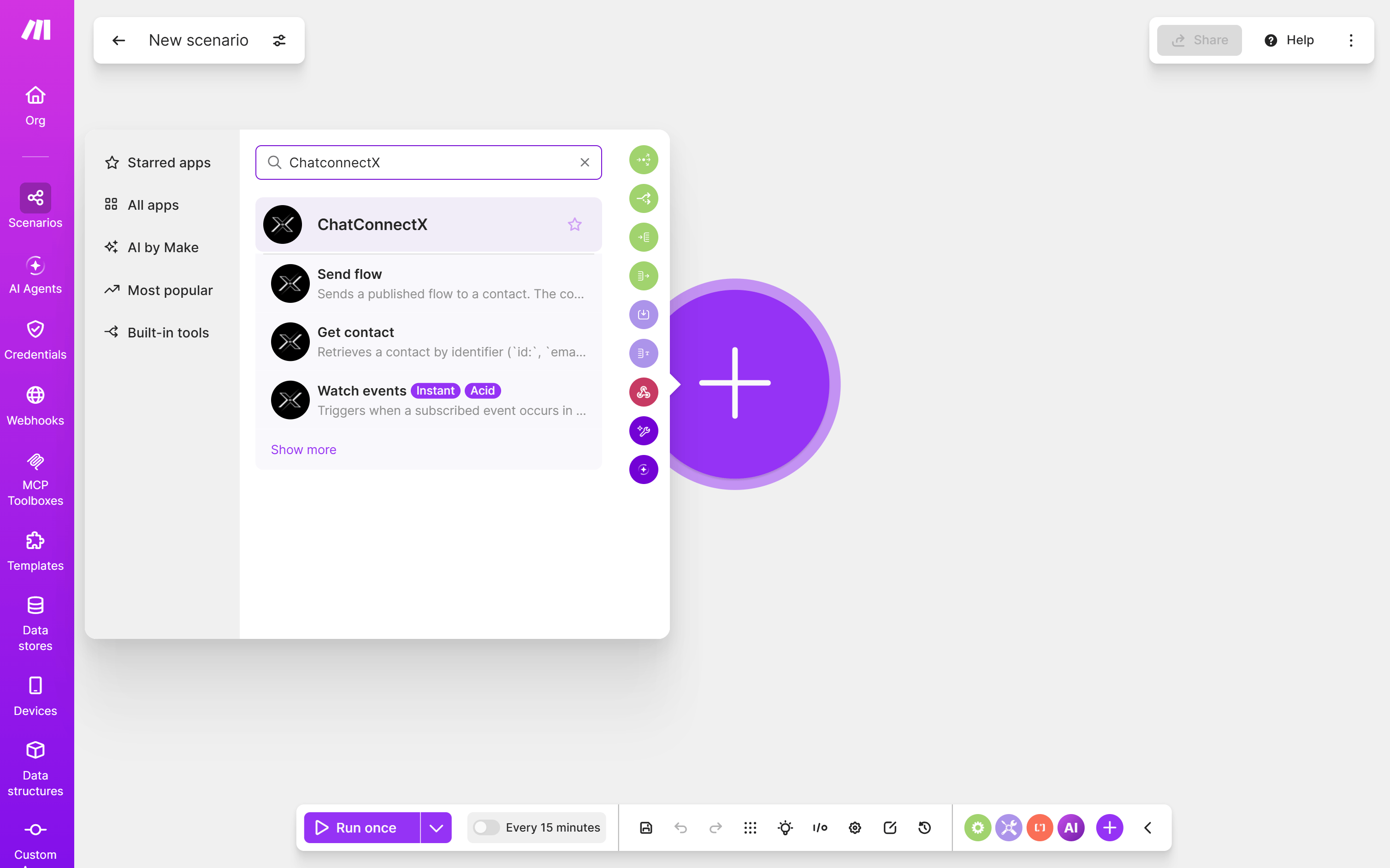 Search for ChatConnectX in a new Make scenario