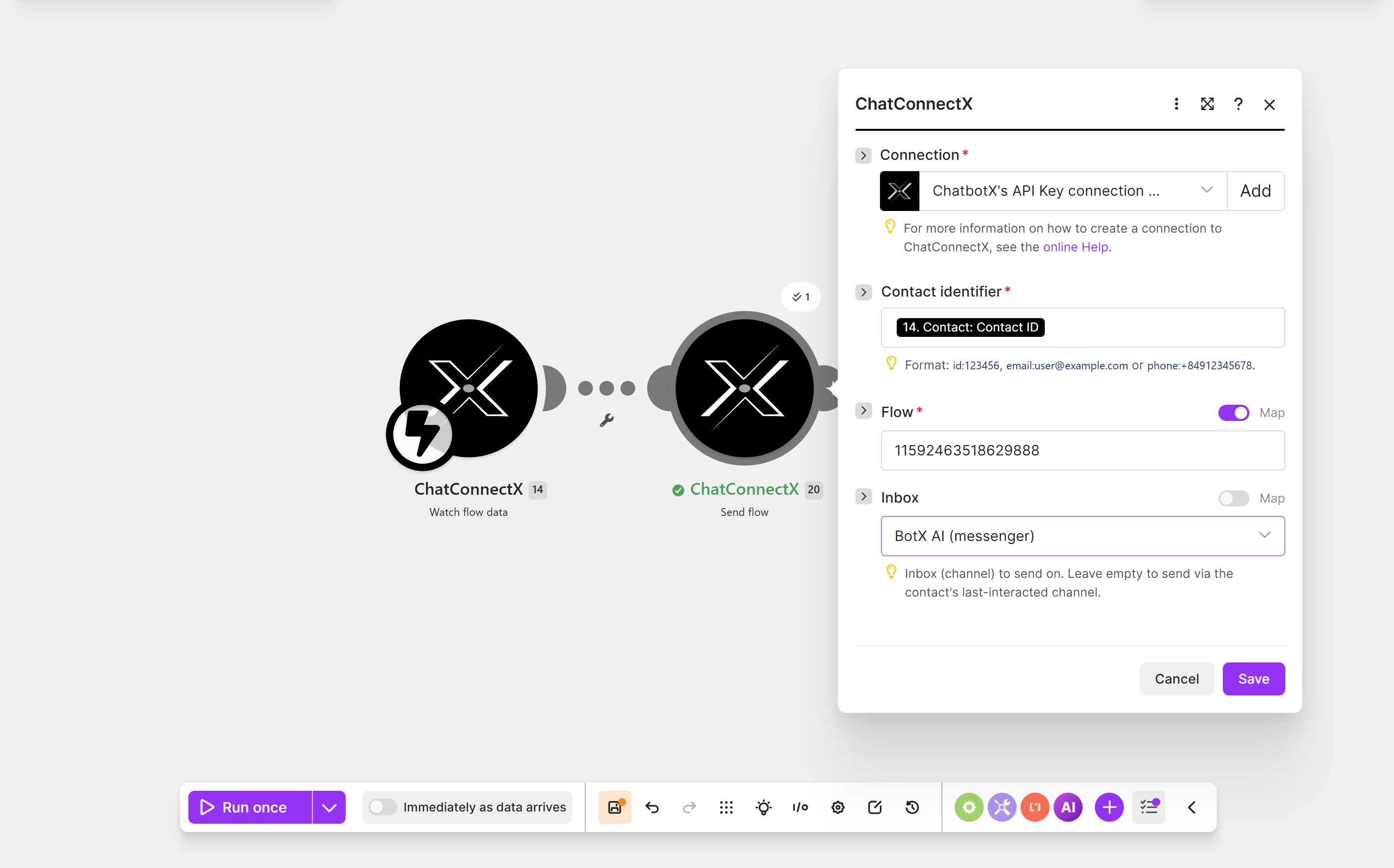 Select the ChatConnectX Send flow action in Make