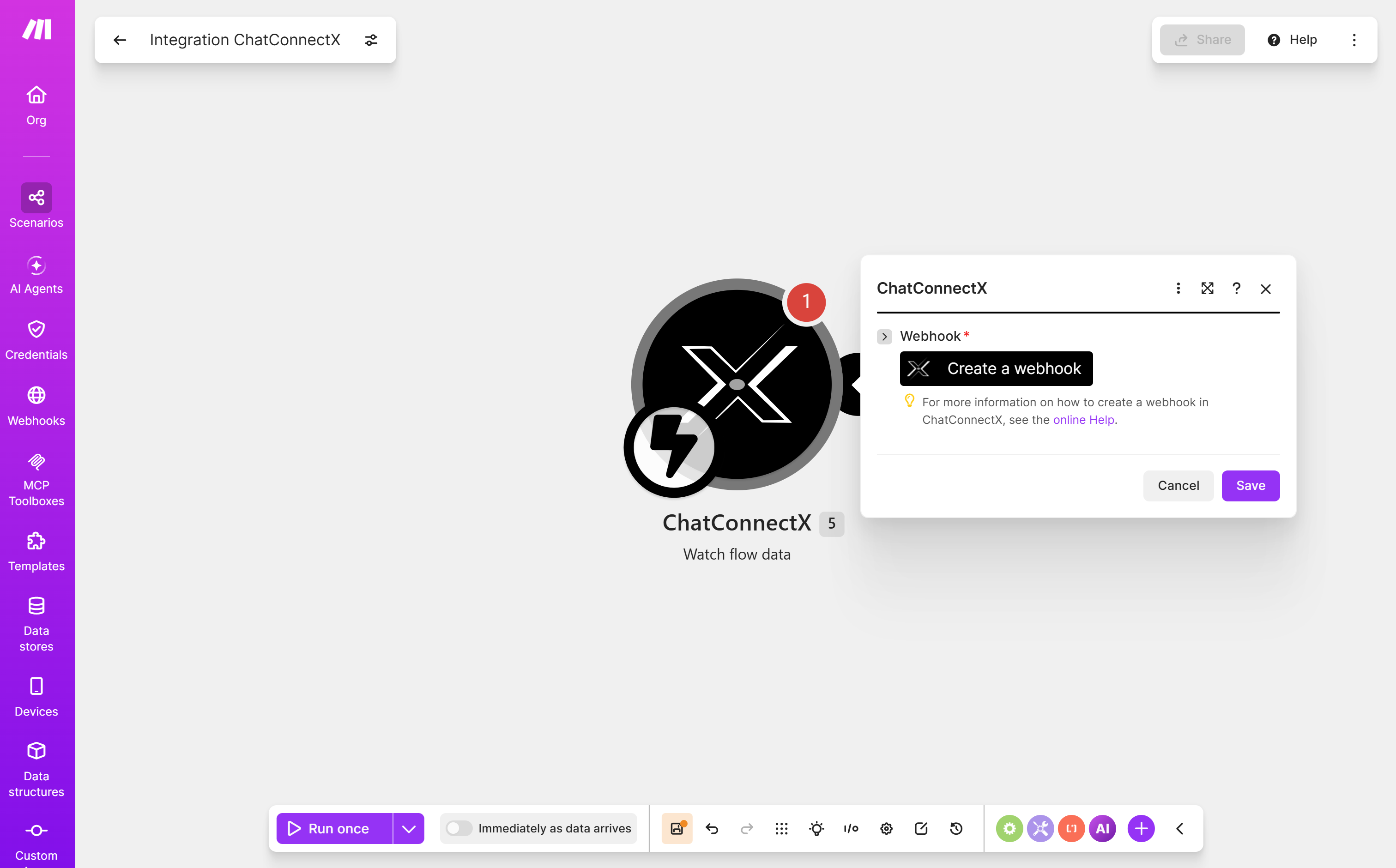 Choose the ChatConnectX Watch flow data module